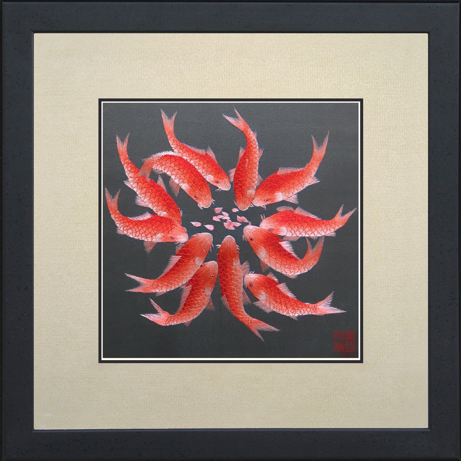 Handmade Japanese Koi Fish Embroidery Art - Traditional Red Koi Design for Home Decor, Wall Hanging, and Gift Giving