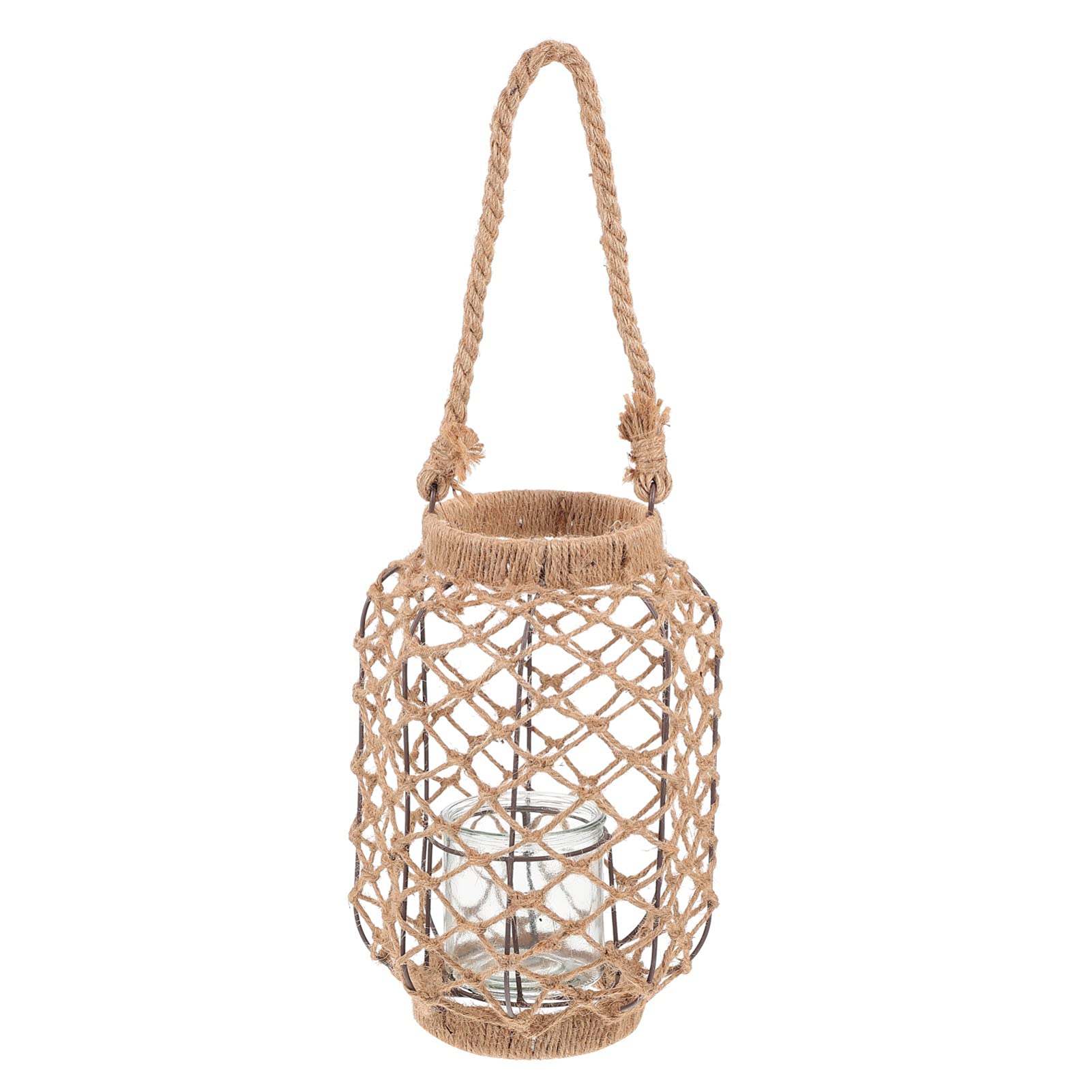 Rustic Rope Net Candle Holder - Farmhouse Glass Vase with Handle - Vintage Hanging Lantern & Tealight Holder - Home Decor for Wedding, Garden, Patio, and Indoor Decorations