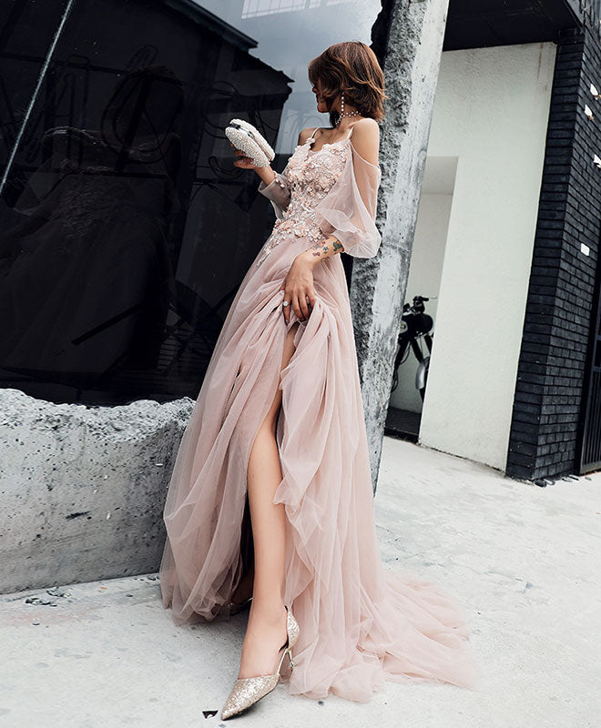 Elegant Champagne Tulle Lace Long Prom Dress | Formal Evening Gown for Homecoming, Wedding, and Special Occasions