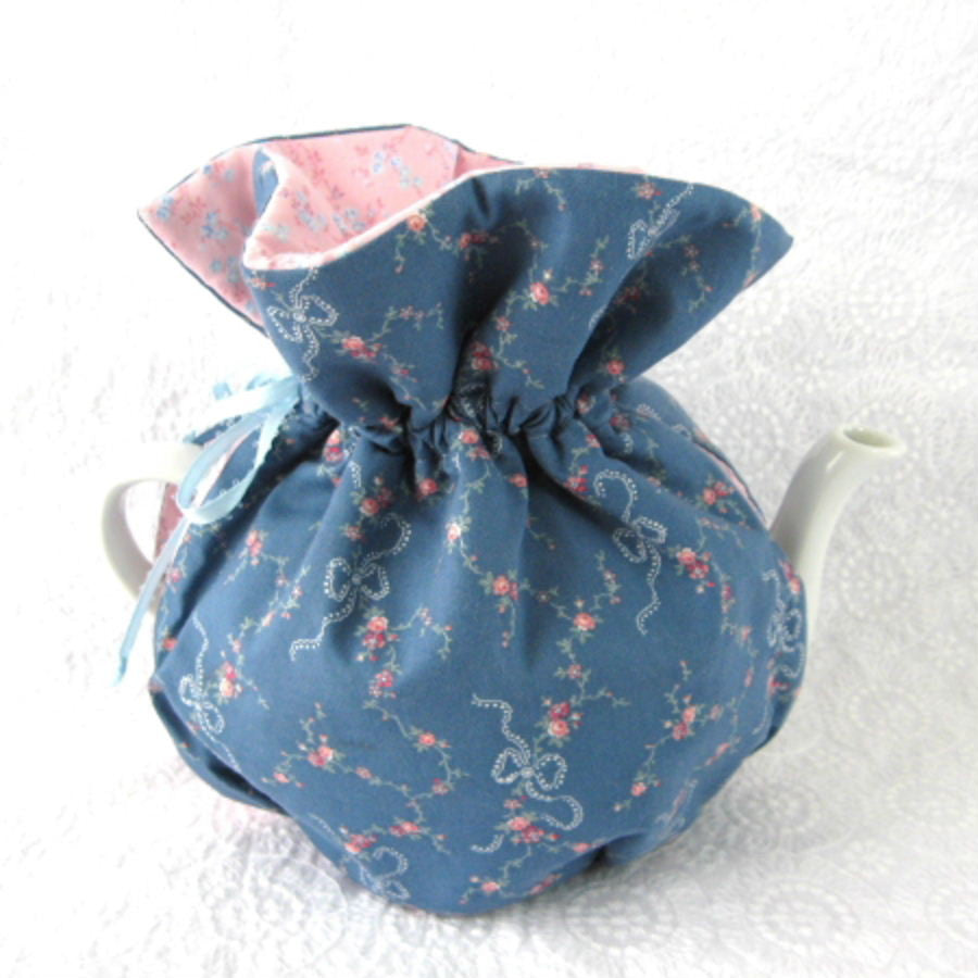 Handmade Reversible Tea Cozy - Blue & Pink Floral Design - Insulated Tea Pot Cover for Afternoon Tea, Coffee Breaks & Kitchen Decor (USA Made)