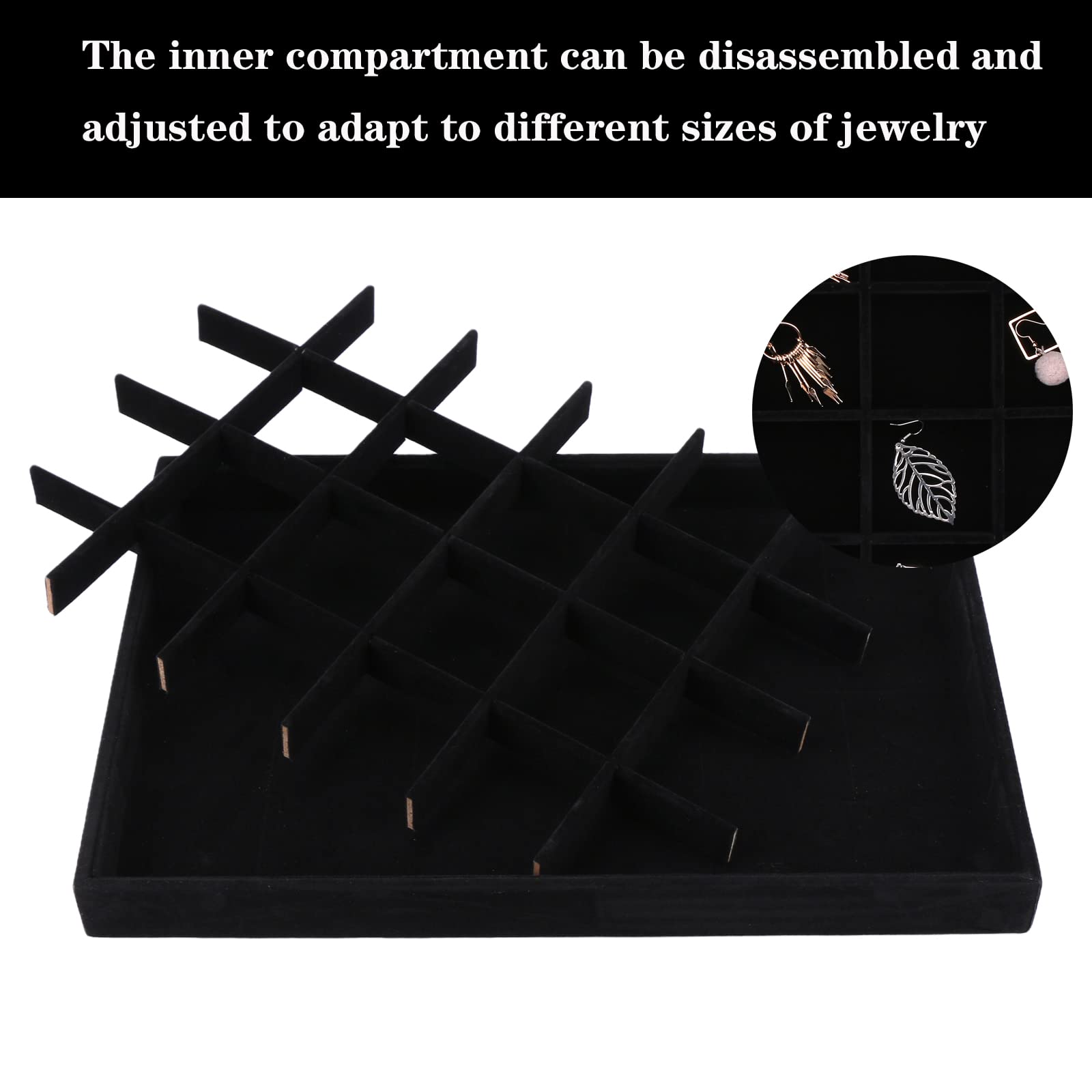 Velvet Jewelry Organizer Tray for Dresser Drawers - Large Stackable Jewelry Storage Box with 24 Grids, Black - Perfect for Necklace, Ring & Earring Organization in Bedroom Vanity or Closet