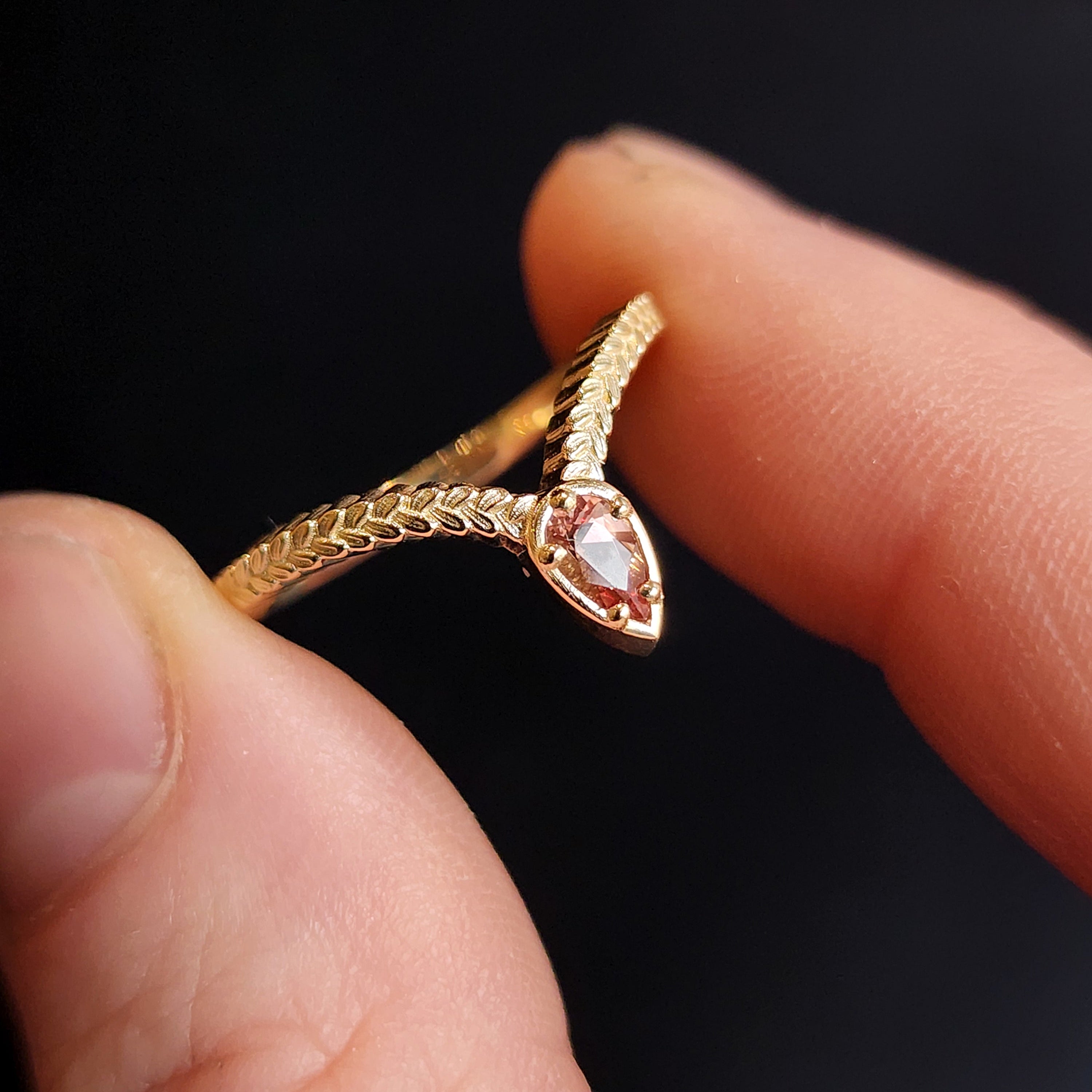 14k Gold Oregon Sunstone Pear Leaf Chevron Stacking Ring - Elegant Side Band for Women, Perfect for Layering, Stacking, and Everyday Wear