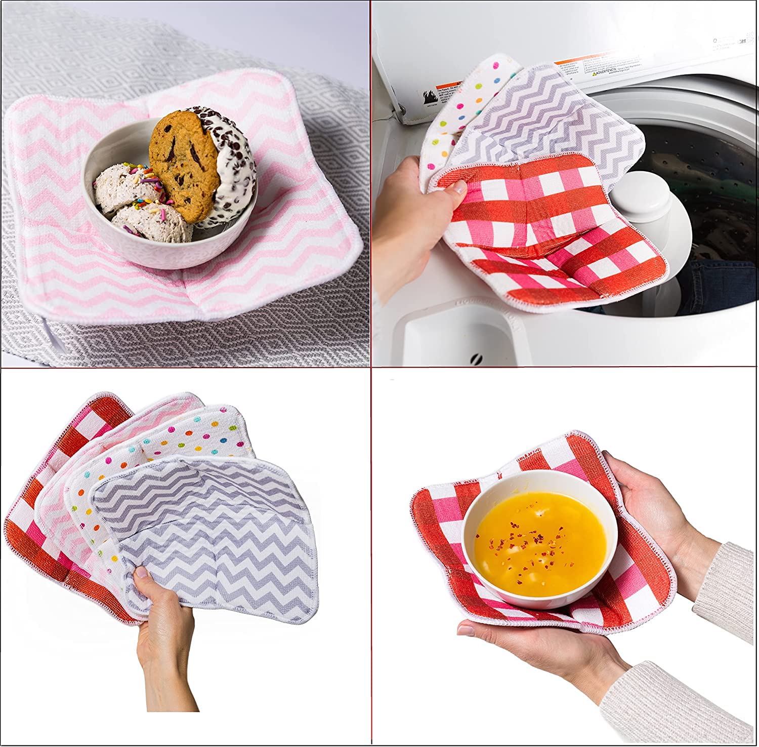 4-Pack Microwave Bowl Huggers - Heat Resistant Hot Bowl Holders for Soup, Pasta & Rice - Insulated Microfiber & Sponge Cozies for Hot/Cold Food - Perfect for Microwave, Dining & Meal Prep