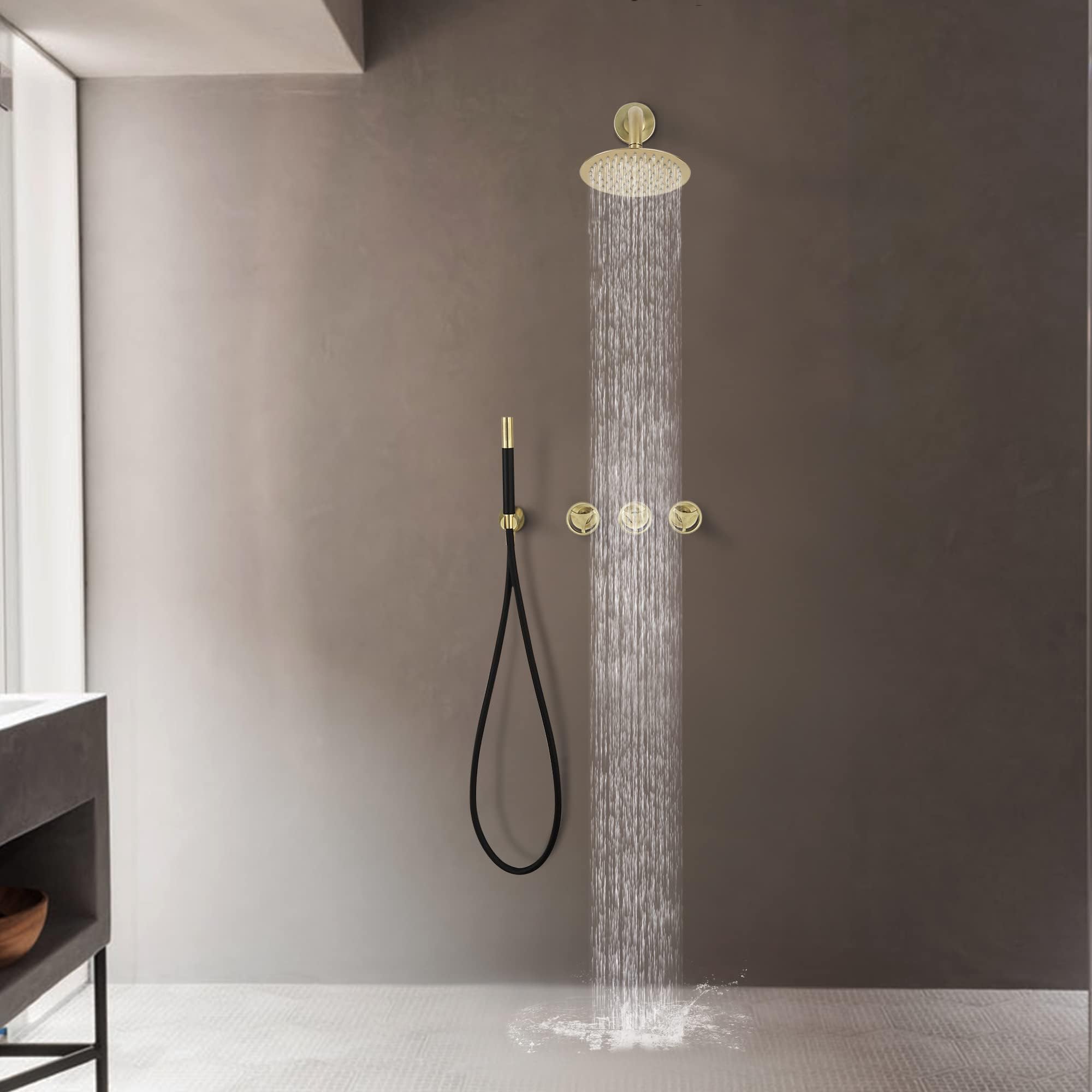 SKOWLL Rainfall Shower Faucet Set - 3 Handle Wall Mounted Bathroom Shower System with 8 Inch Shower Head & 2 Function Valve in Brushed Gold Finish | Perfect for Modern Luxury Bathrooms & Spa-Like Experience