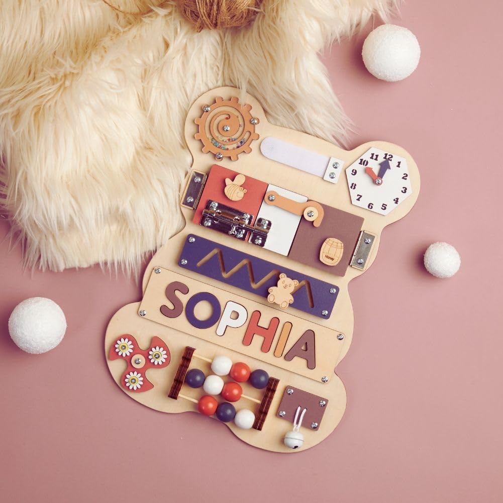 Montessori Busy Board for Toddlers - Personalized Wooden Bear Name Puzzle & Sensory Activity Toy | Learning Toys for 1 Year Old | Unique Birthday & Easter Gift for Baby Boys & Girls (Black Rose) | Perfect for Early Childhood Development, Travel & Home Playtime
