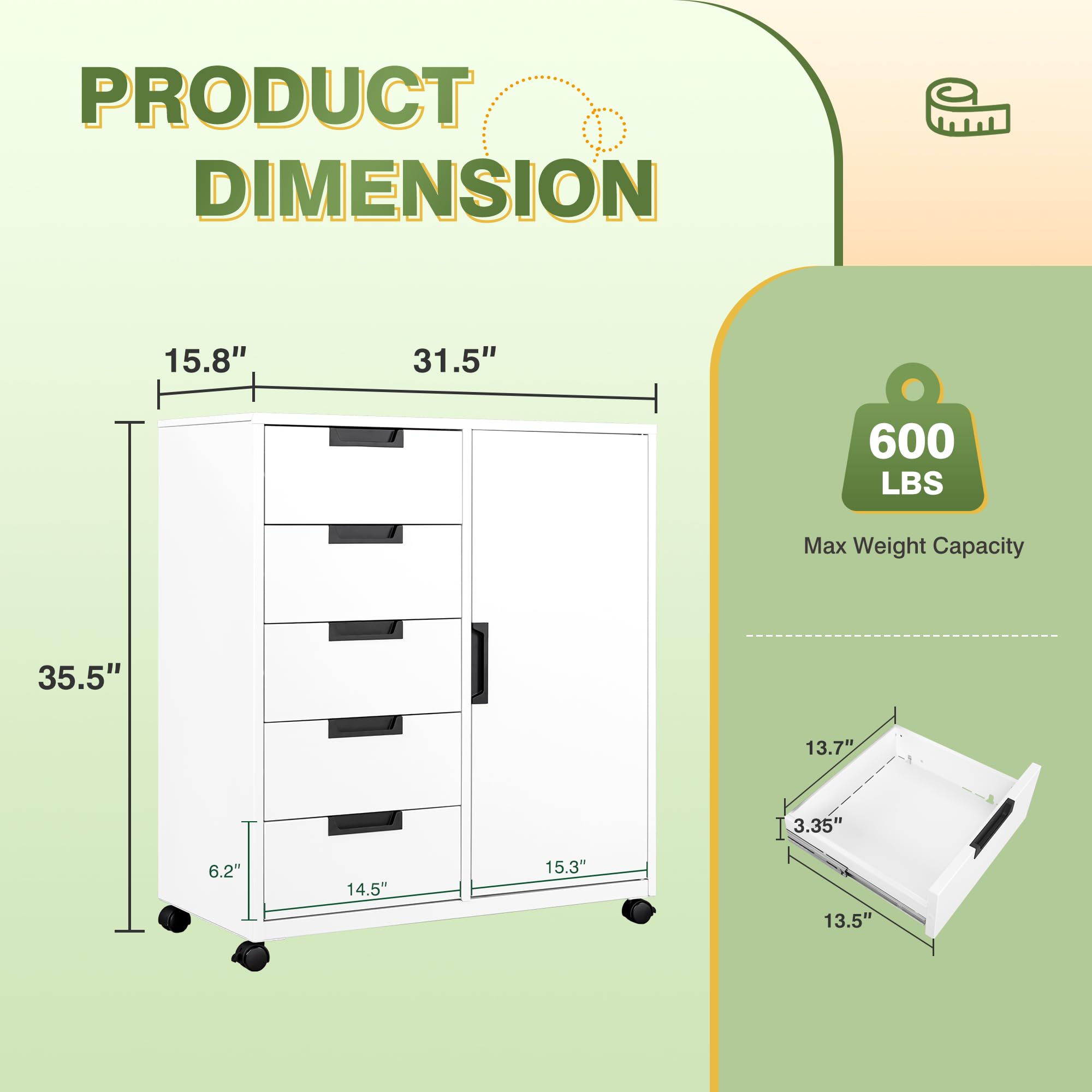 5-Drawer Metal Storage Cabinet with Doors & Shelves - White Mobile File Cabinet, Dresser Chest for Home Office - Perfect for Organizing Files, Office Supplies & Printer Storage