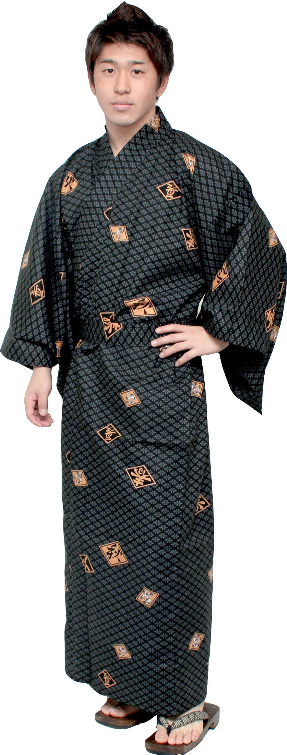 Japanese Men's Kimono Yukata Long Robe - 100% Cotton Black Diamond Pattern (Large 60