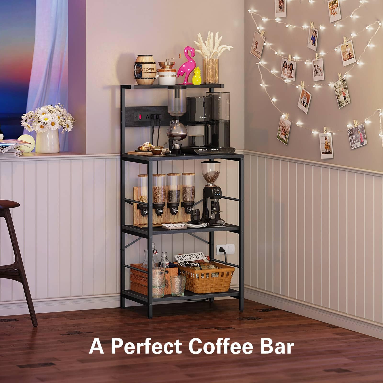 3-Tier Bakers Rack with 4 Shelves & 3 Power Outlets - Freestanding Kitchen Microwave Stand with Storage, Coffee Bar Organizer - 23.6”L x 15.7”W x 51.2”H Black Metal Shelf - Perfect for Small Kitchens, Pantry Storage & Coffee Station Setup