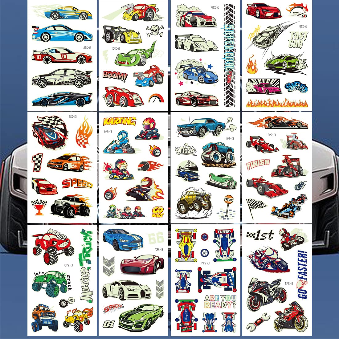 Glow in The Dark Race Car Temporary Tattoos - 12 Sheets Luminous Racing Stickers for Kids, Boys & Men | Perfect for Birthday Parties, Race Car Themed Events & DIY Decorations