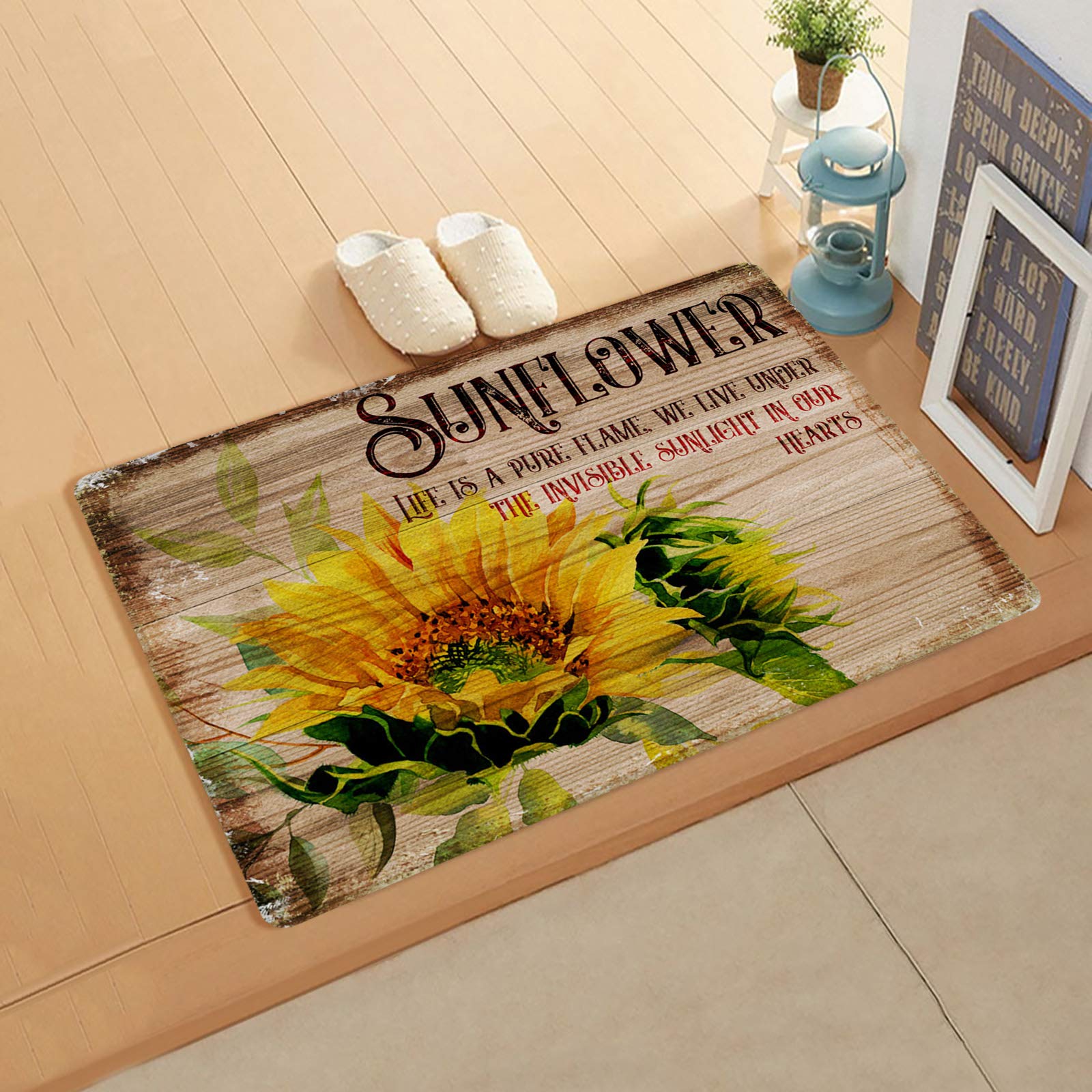 Farm Flower Doormat 20x39 Inch - Ultra Absorbent Non-Slip Washable Indoor/Outdoor Rug - Vintage Sunflower Design with Wood Grain - Perfect for Porch, Front Door, Mudroom & Entryway - Great for Homes, Apartments & Offices