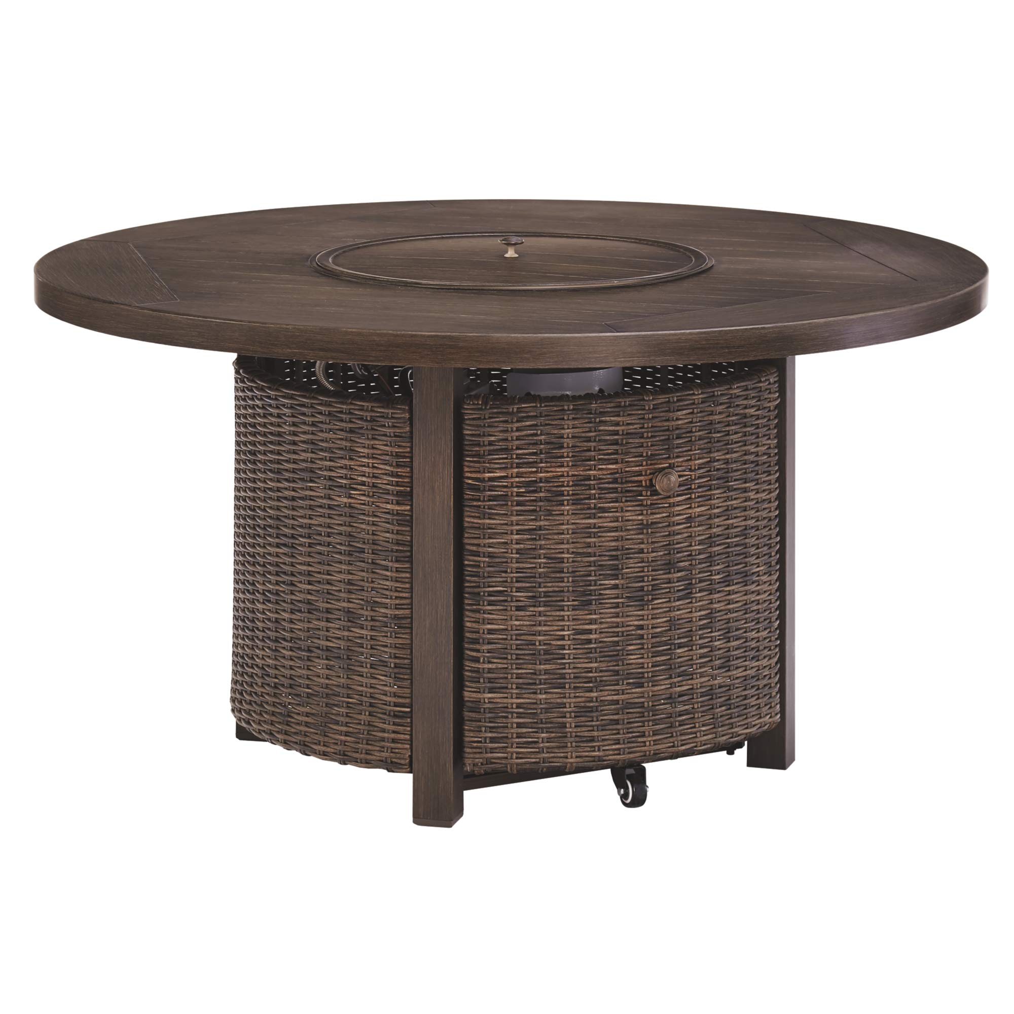 Signature Design by Ashley Paradise Trail Outdoor Round Wicker Patio Fire Pit Table - Weather-Resistant Brown Rattan Fire Pit for Backyard, Garden & Poolside Gatherings