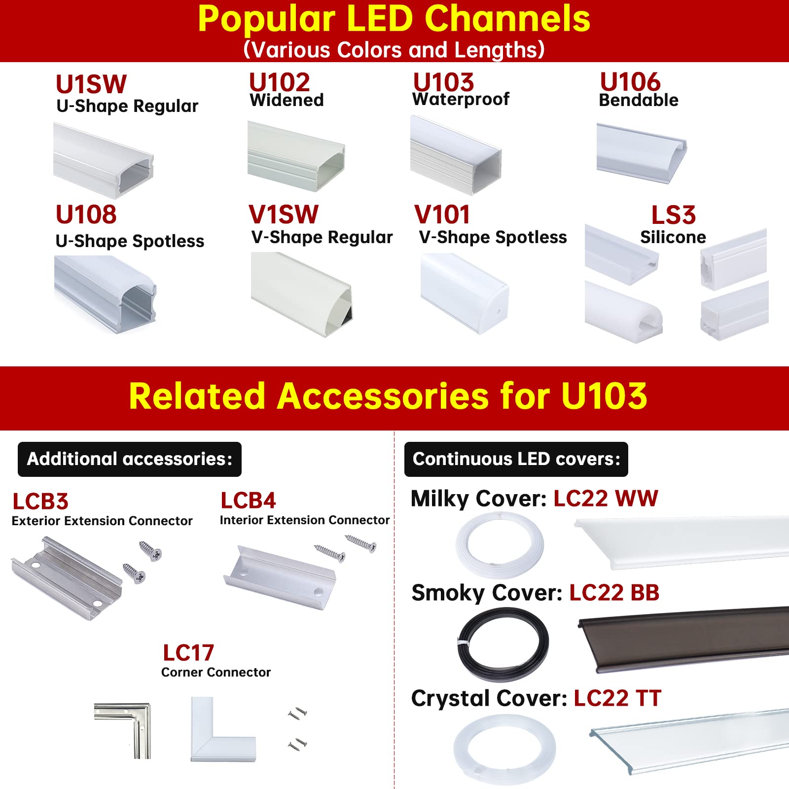 Muzata 10-Pack 6.6FT/2M Black LED Strip Channel with Frosted White Diffuser Cover - U103 BW 2M - Ideal for Home, Office, and Commercial Lighting Projects