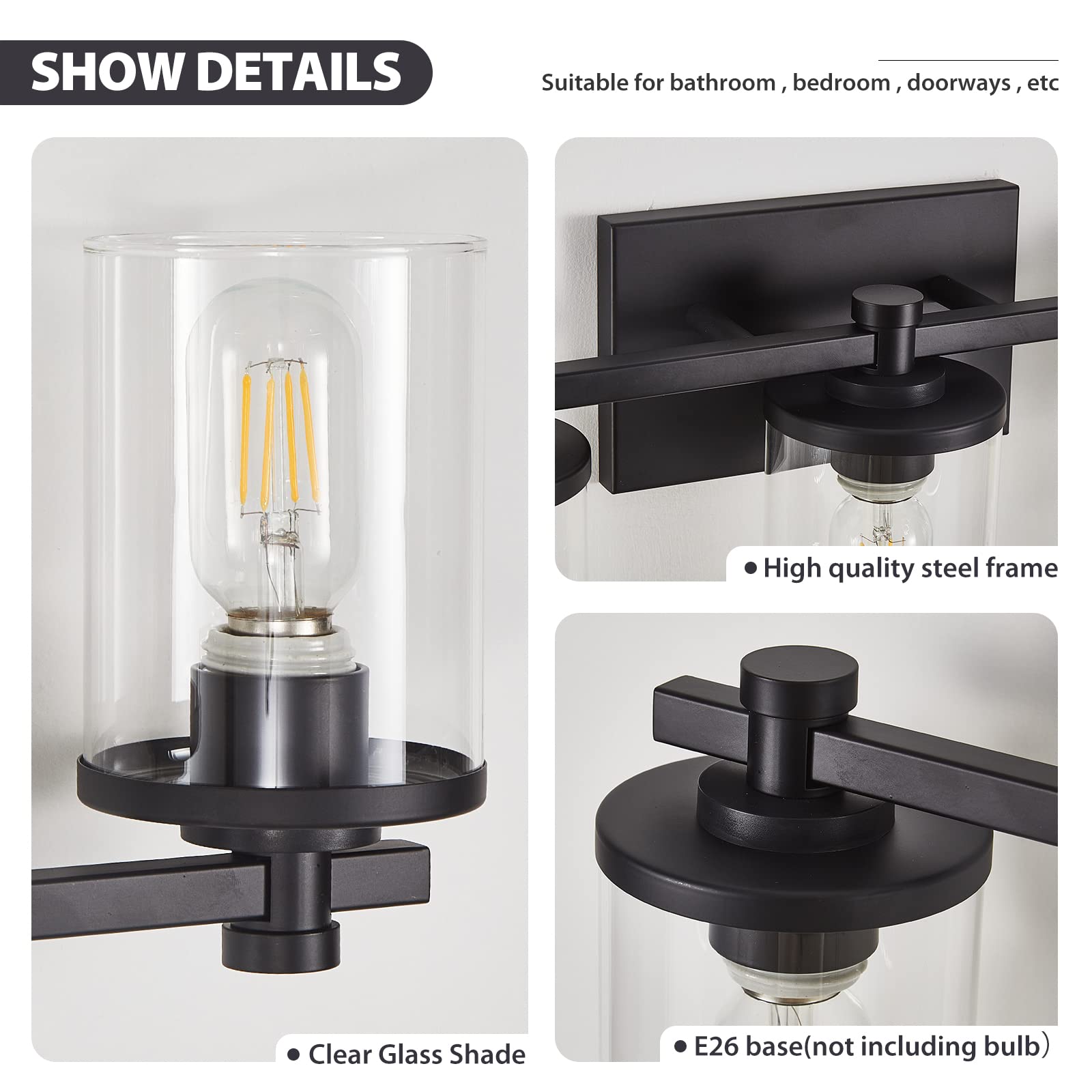 Modern Black Vanity Lights with Clear Glass Shade & Copper Accent - 5 Light Bathroom Mirror Fixtures for Makeup, Shaving & Grooming | Perfect for Bathroom, Dressing Room & Salon Lighting