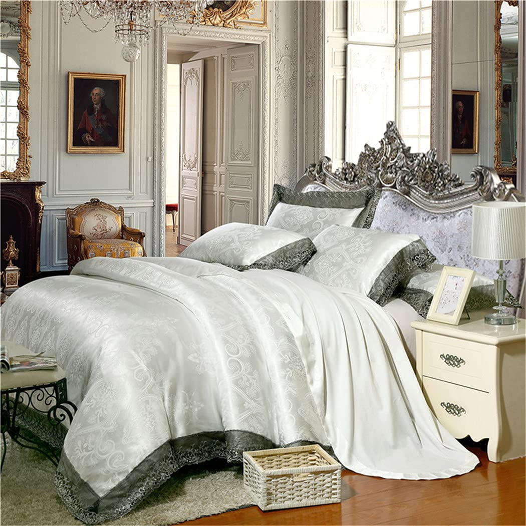 Luxury Satin Jacquard White Bedding Set - Queen & King Size Bed Set with Fitted Sheet & Duvet Cover - Soft Breathable Bed Sheets for Hotel Style Bedroom Decor - Perfect for Master Bedroom, Guest Room & Luxury Home Decor