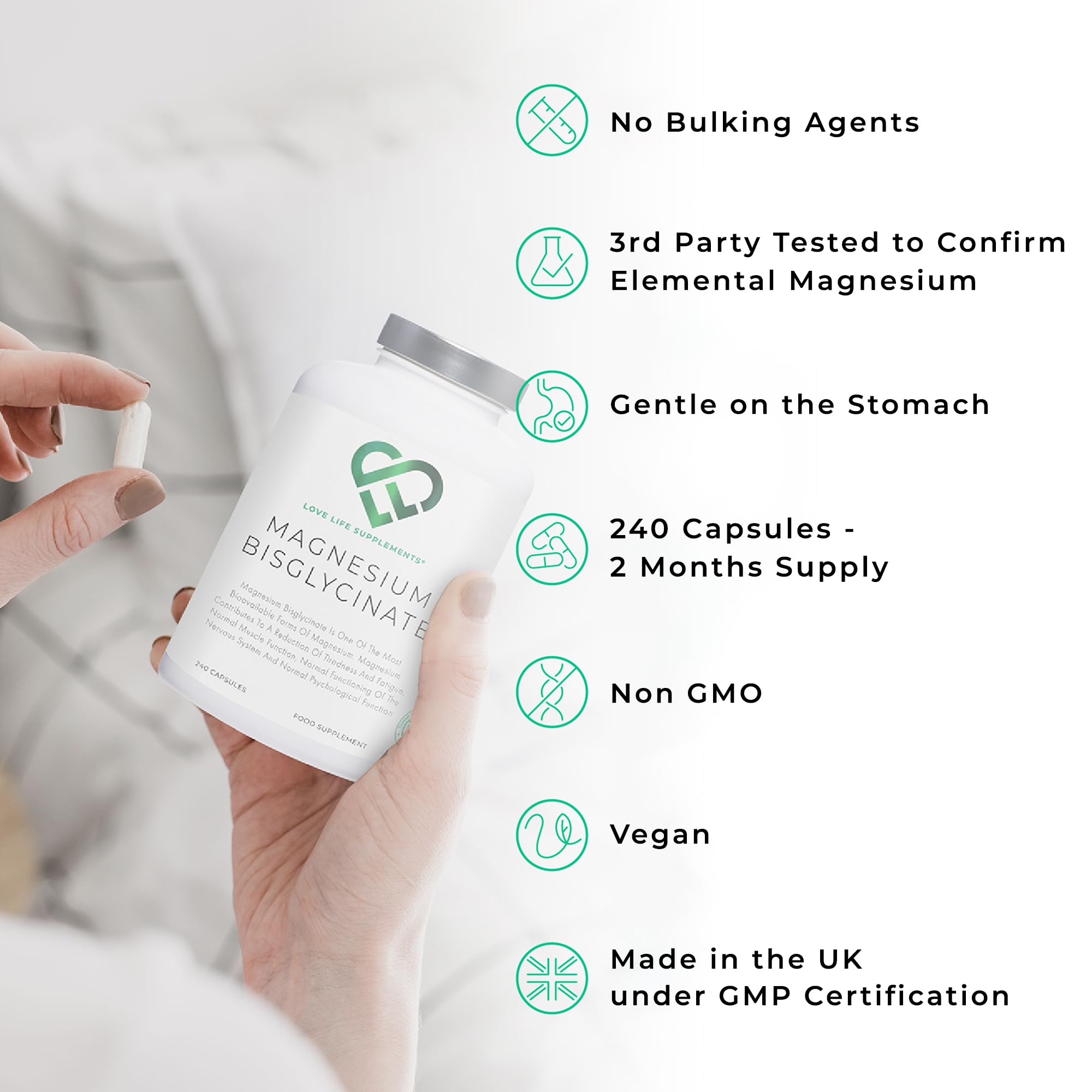 Premium Magnesium Glycinate (Bisglycinate) 2750mg - 240 Vegan Capsules (60 Servings) | Highly Bioavailable Chelated Magnesium Supplement | GMP Certified, UK Made | Supports Muscle Relaxation, Sleep & Stress Relief | Love Life Supplements
