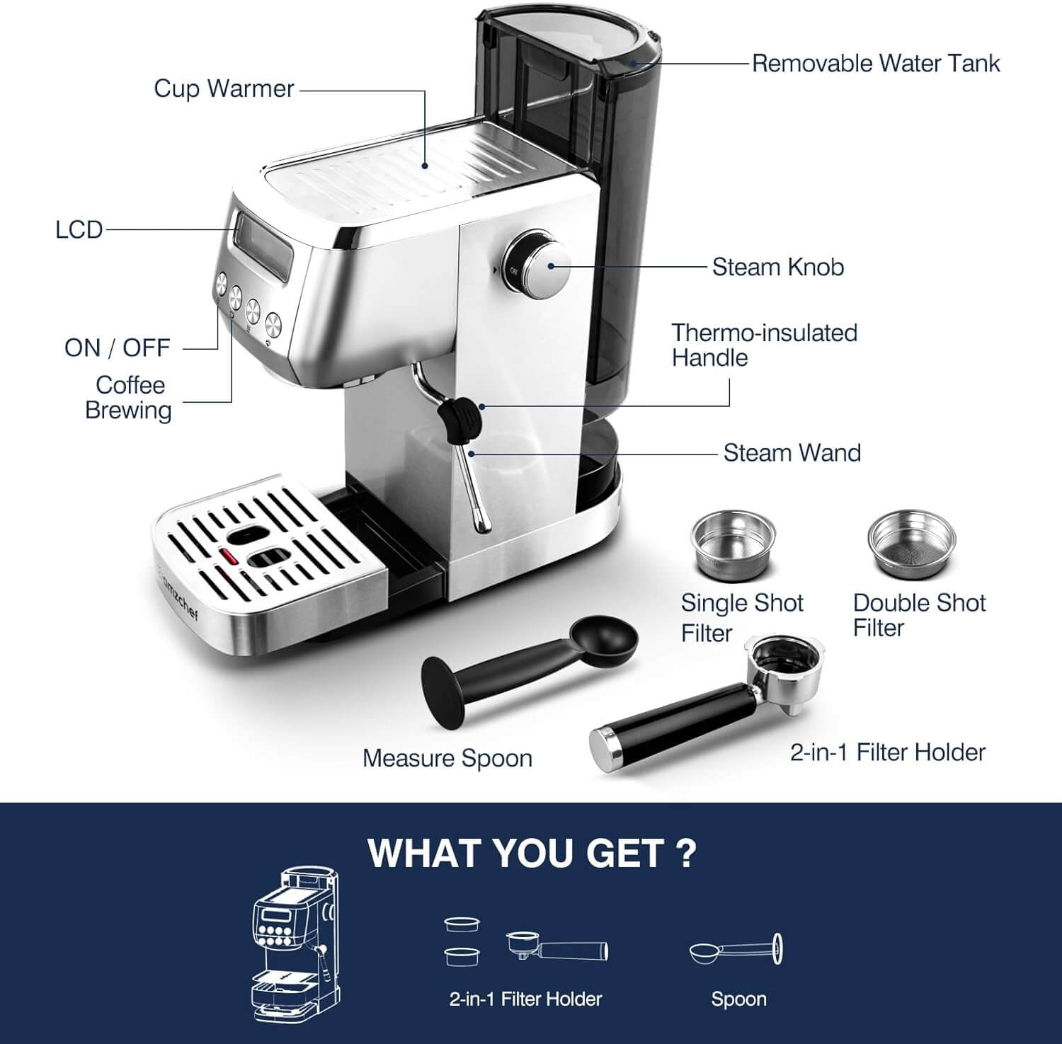 AMZCHEF 20 Bar Pressure Espresso Machine with Automatic Milk Frother - Professional Home Coffee Maker for Latte, Cappuccino & Espresso Drinks | Perfect for Kitchen, Office & Coffee Shops