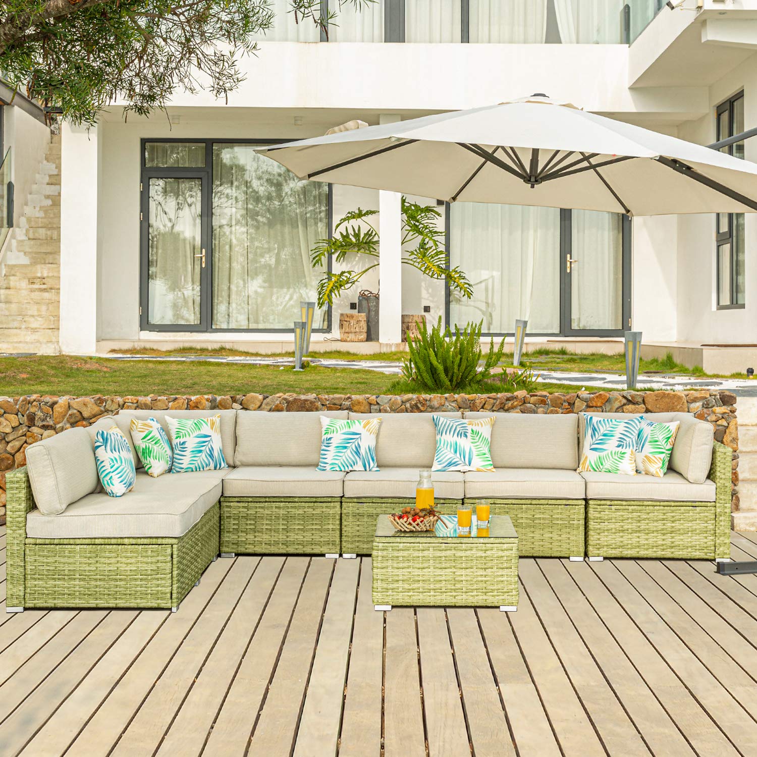 8-Piece Light Olive Wicker Patio Furniture Set with Washable Cushions & Tempered Glass Coffee Table - Outdoor Sectional Sofa for Garden, Lawn, Backyard & Poolside Relaxation