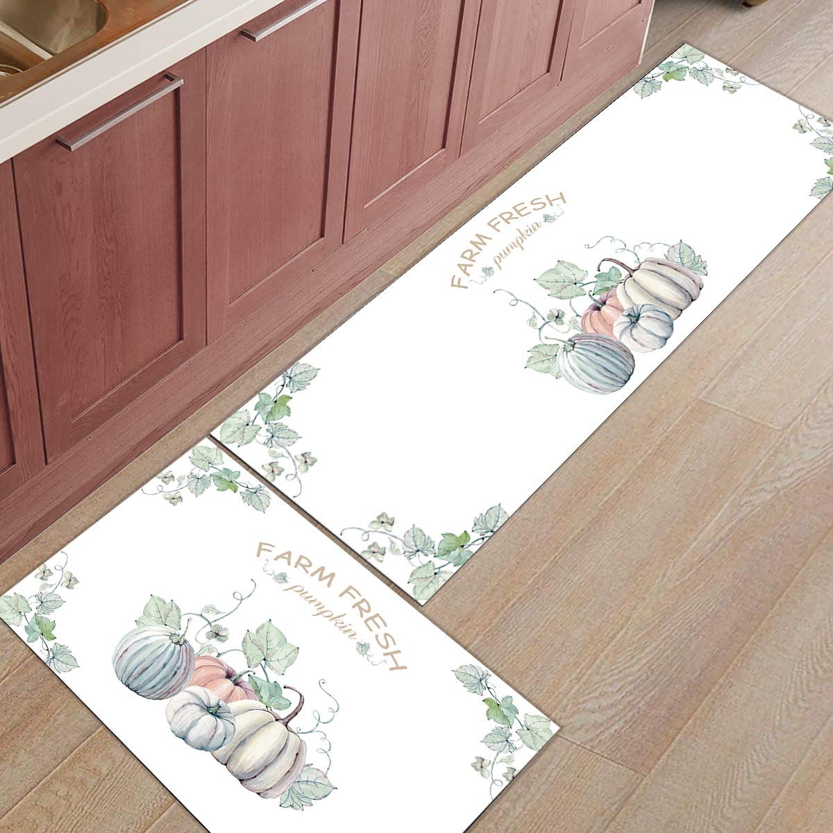 Victories Non-Slip 2-Piece Kitchen Rug Pad Set - Cushioned Doormat with Farm Fresh Pumpkin Design for Thanksgiving | Perfect for Kitchen, Living Room, Bedroom & Entryway Floor Protection