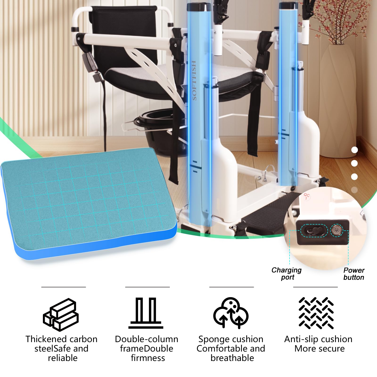 Electric Patient Lift Transfer Chair with Dining Board - Height Adjustable Bathroom Wheelchair for Home Use - Foldable Design Supports 220lbs - Ideal for Elderly Care & Mobility Assistance