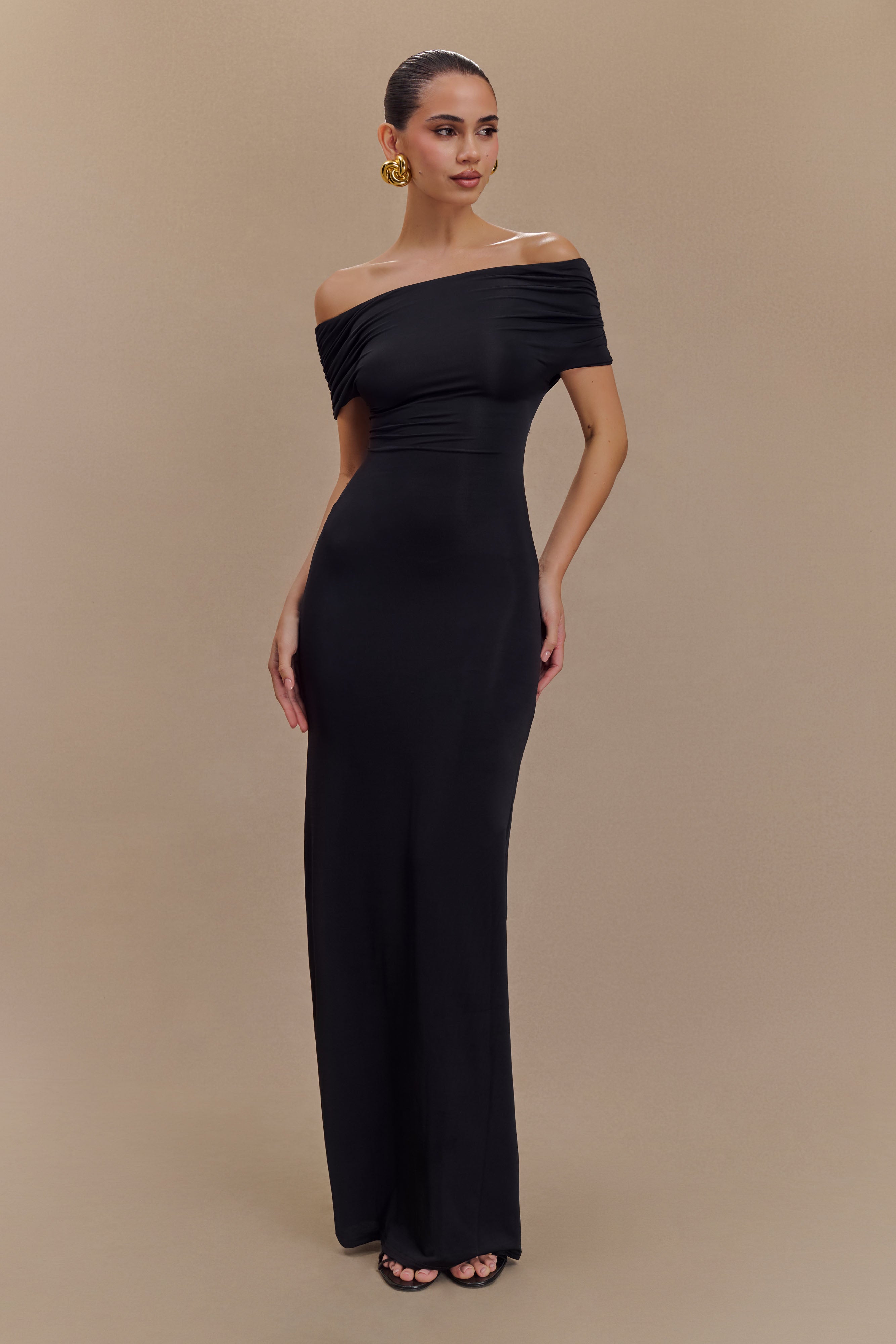 Imogen Off Shoulder Slinky Maxi Dress for Women - Elegant Black Long Evening Gown for Parties, Weddings & Date Nights
