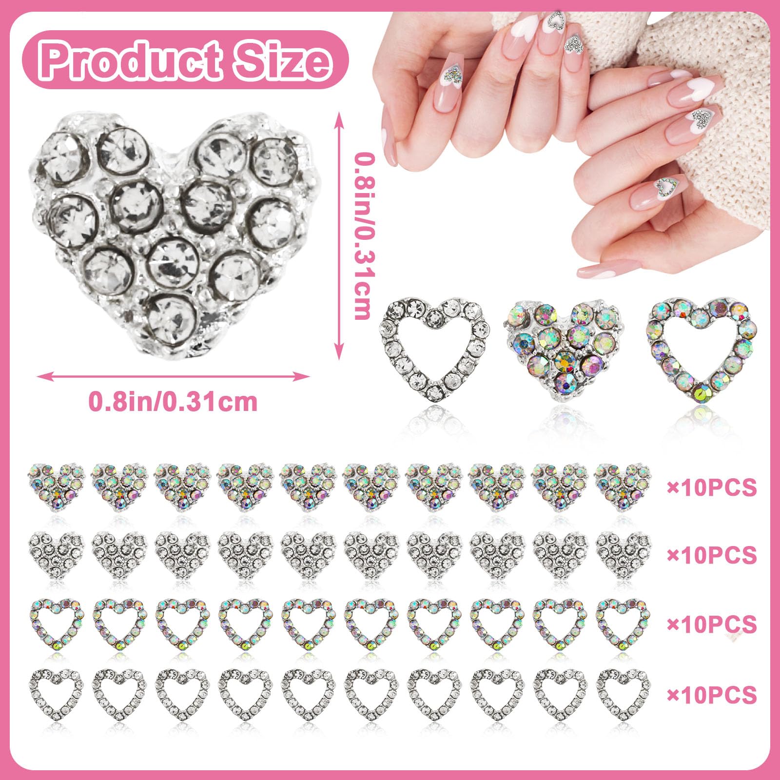 40Pcs 3D Heart Nail Charms - Diamond Alloy Rhinestones for Nail Art | Valentine's Day Wedding Nail Decor | Perfect for DIY Nail Designs, Bridal Manicures & Party Nail Art Accessories
