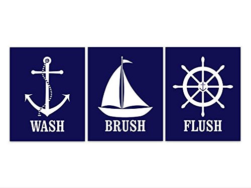 Navy Blue Bathroom Rules Wall Art Canvas or Prints - 11x14 Inches - Boutique Wash Brush Flush Design - Perfect for Bathroom Decor, Home Decor & Gift Ideas