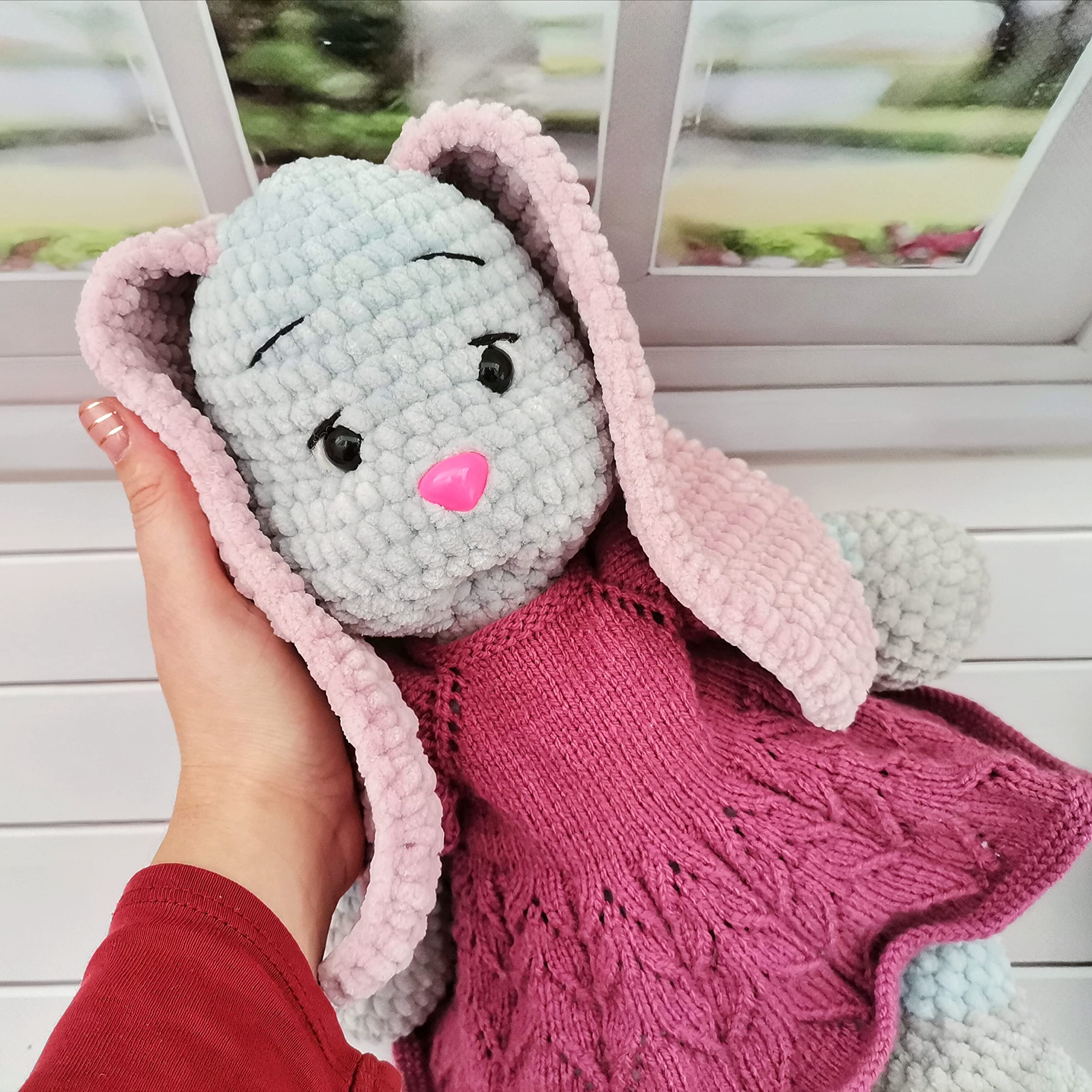 Adorable Pink Ears Bunny Plush Toy & Giant Gray Hare Stuffed Animal - Handmade Crochet Easter Bunny with Basket for Kids, Easter Decorations, Nursery Room Decor, Gift for Baby Shower & Easter Egg Hunt