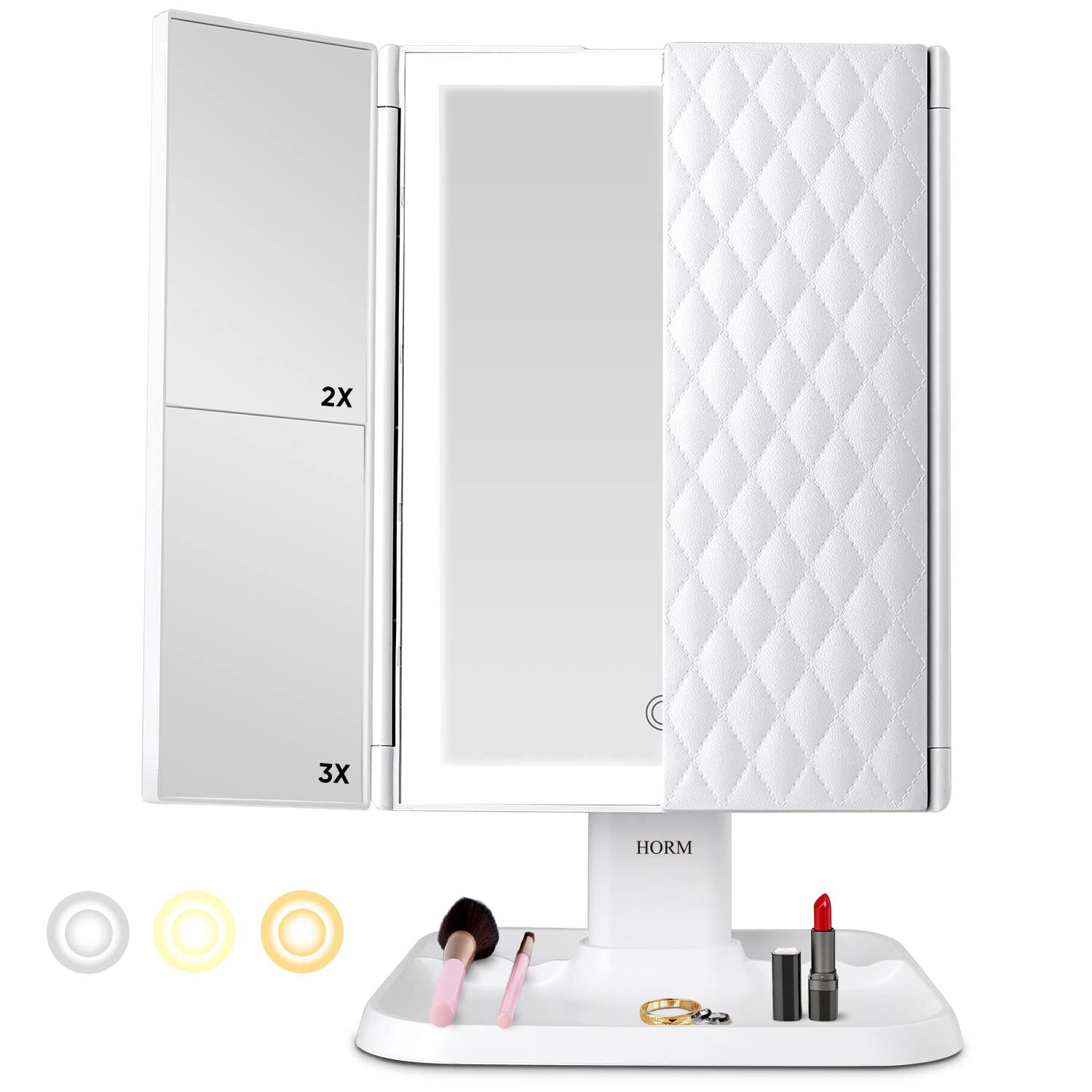 Professional Vanity Mirror with Lights - 3 Color Modes (White/Warm/Natural), 72 LED Trifold Makeup Mirror with 1x/2x/3x Magnification, Touch Control & Portable Design for Perfect Makeup Application at Home or Travel