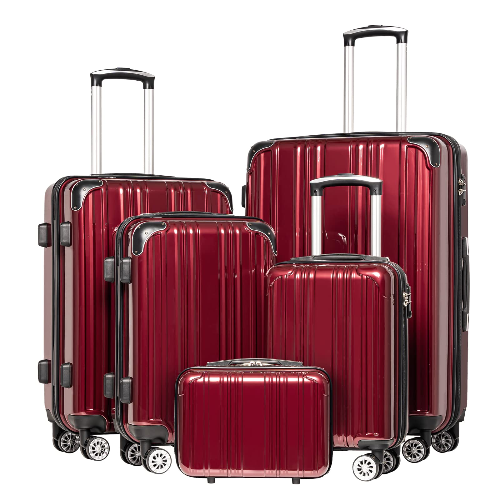 Coolife Expandable 5-Piece Luggage Set - 20/24/28 Inch PC+ABS Spinner Suitcases (Wine Red) - Perfect for Family Vacations, Business Trips & International Travel