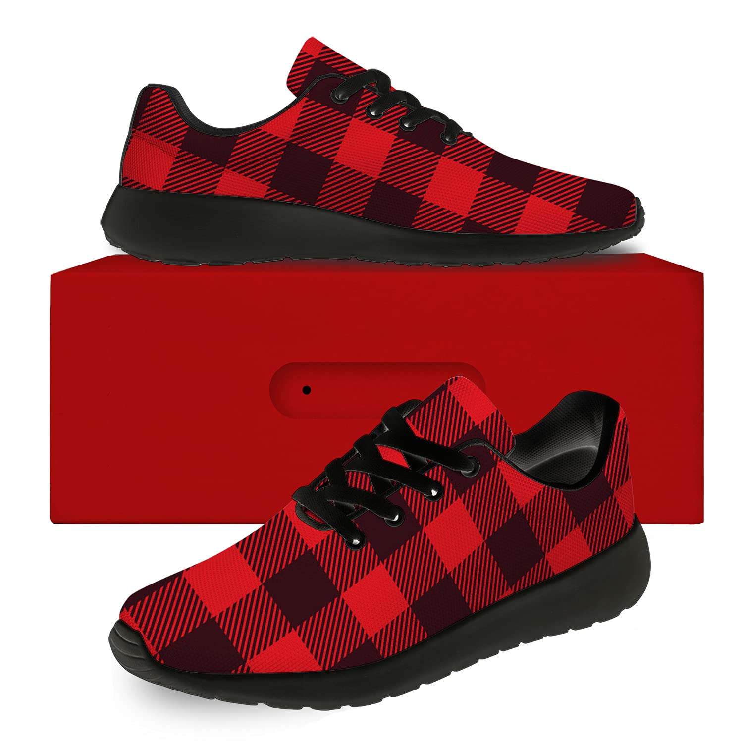 **Men's & Women's Buffalo Plaid Running Shoes - Breathable Walking Tennis Sneakers in Black & Red Tartan Check - Size 10.5 Men/12 Women - Perfect for Jogging, Gym Workouts & Casual Wear**
