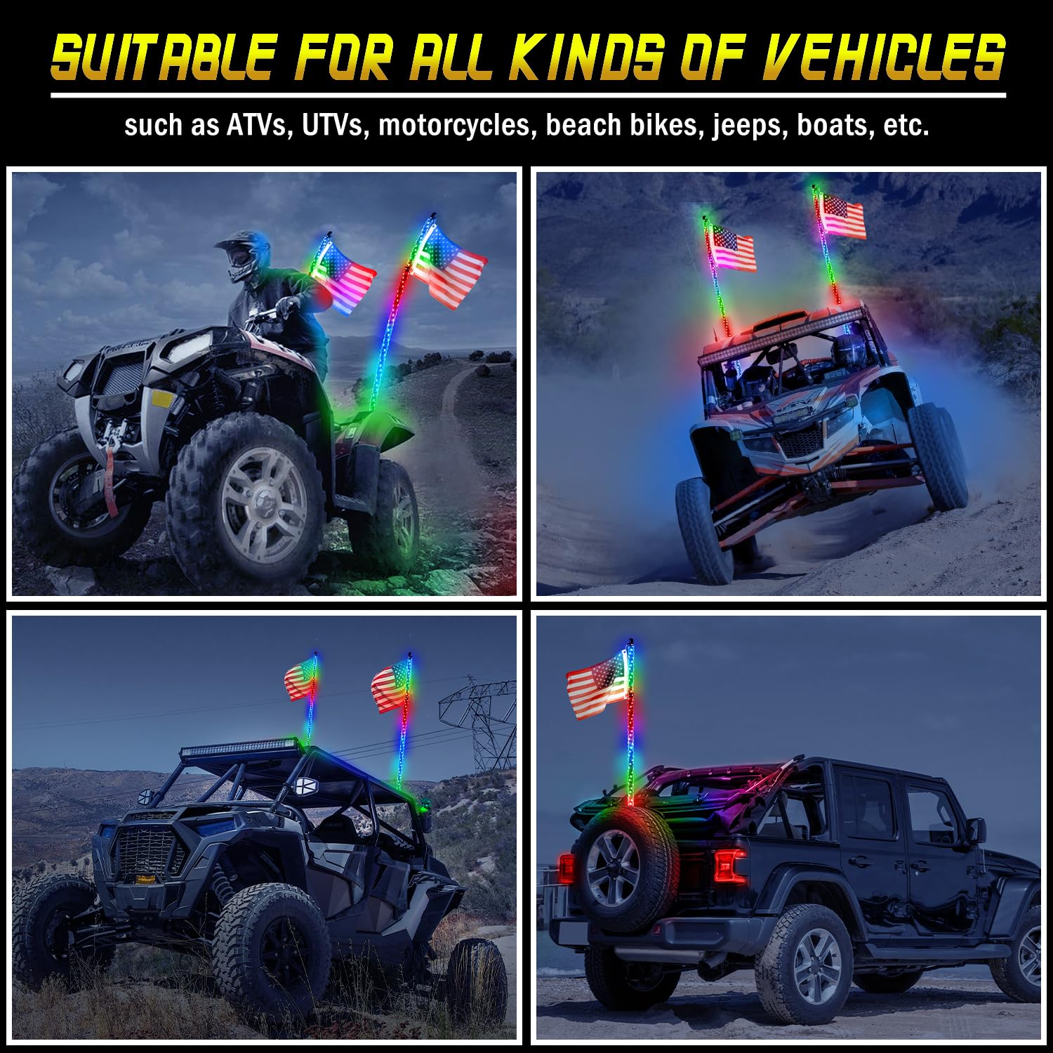 Super Bright RGB LED Whip Light - 5FT Colorful Chasing Light Bar with Spring Base, IP67 Waterproof, App & Remote Control for ATV, UTV, Boat, Truck - Perfect for Off-Road Adventures, Night Rides & Vehicle Customization