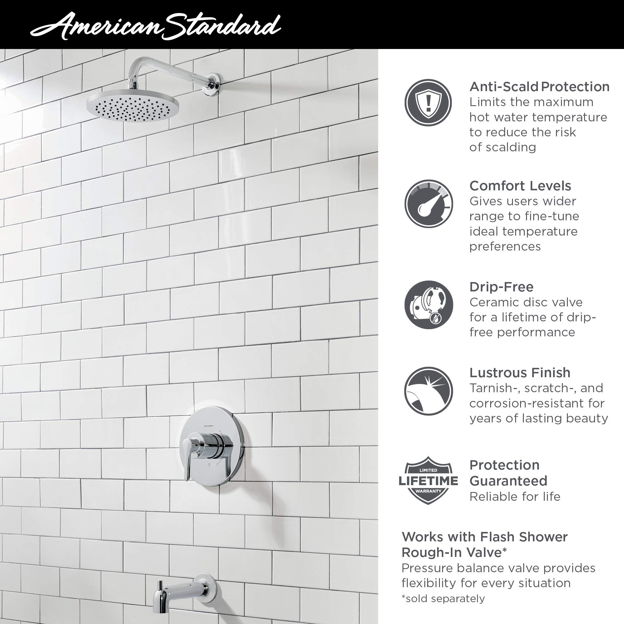 American Standard TU105502.002 Chrome Studio S Tub and Shower Trim Kit with Cartridge - 2.5 GPM Flow Rate for Bathroom Renovation | Perfect for Modern Home Bathing Experience