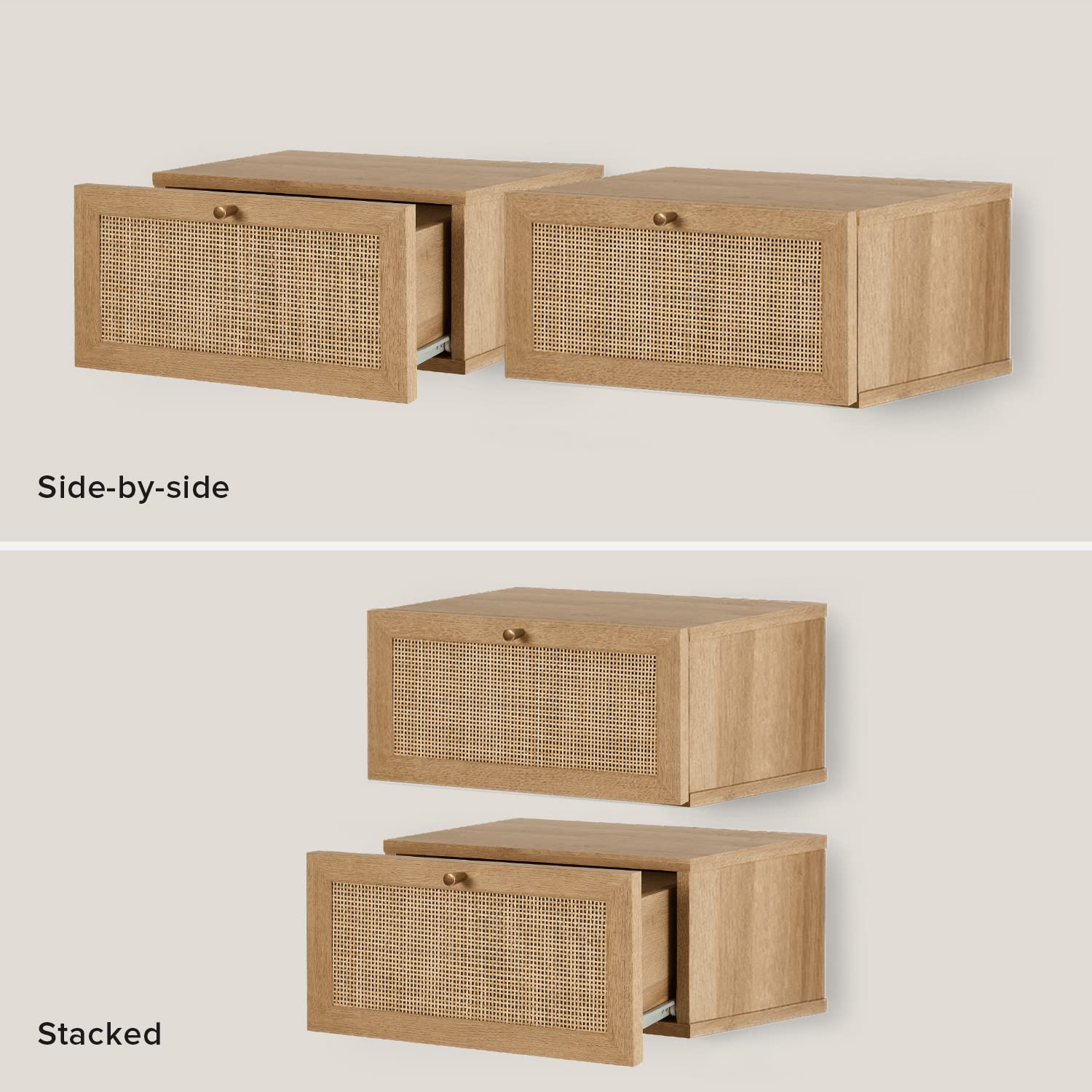 Mopio Hannah Floating Nightstand Set of 2 - Natural Rattan Farmhouse Boho Wall Mounted Bedside Table with Drawer & Spacious Storage - Perfect for Small Bedrooms, Living Rooms & Studio Apartments