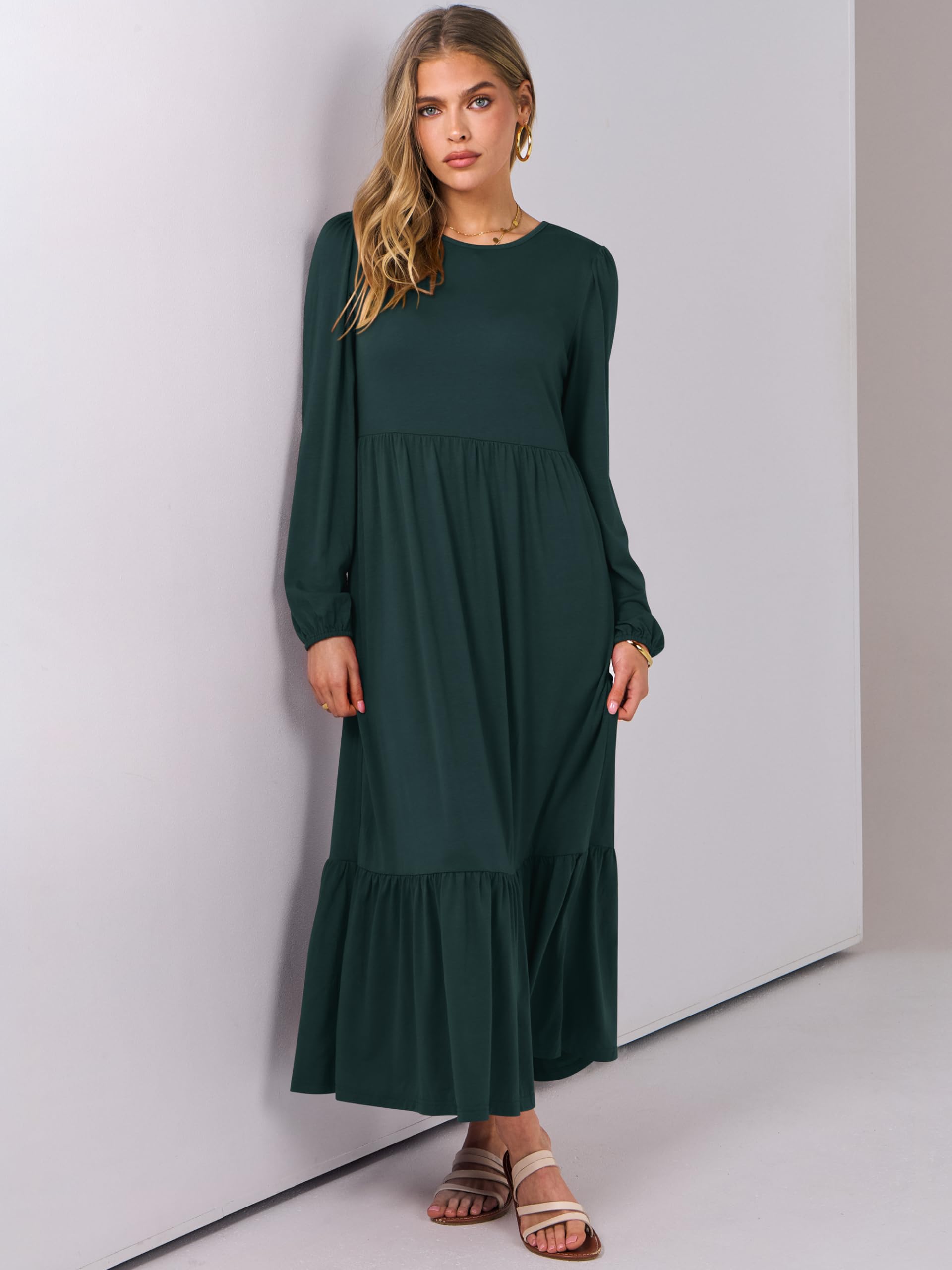 ANRABESS Women's Casual Long Sleeve Midi Dress 2025 Spring Crewneck A-Line Tiered Flowy Loose Trendy Dresses with Pockets - Perfect for Office Wear, Date Night, Spring Outfits & Everyday Comfort