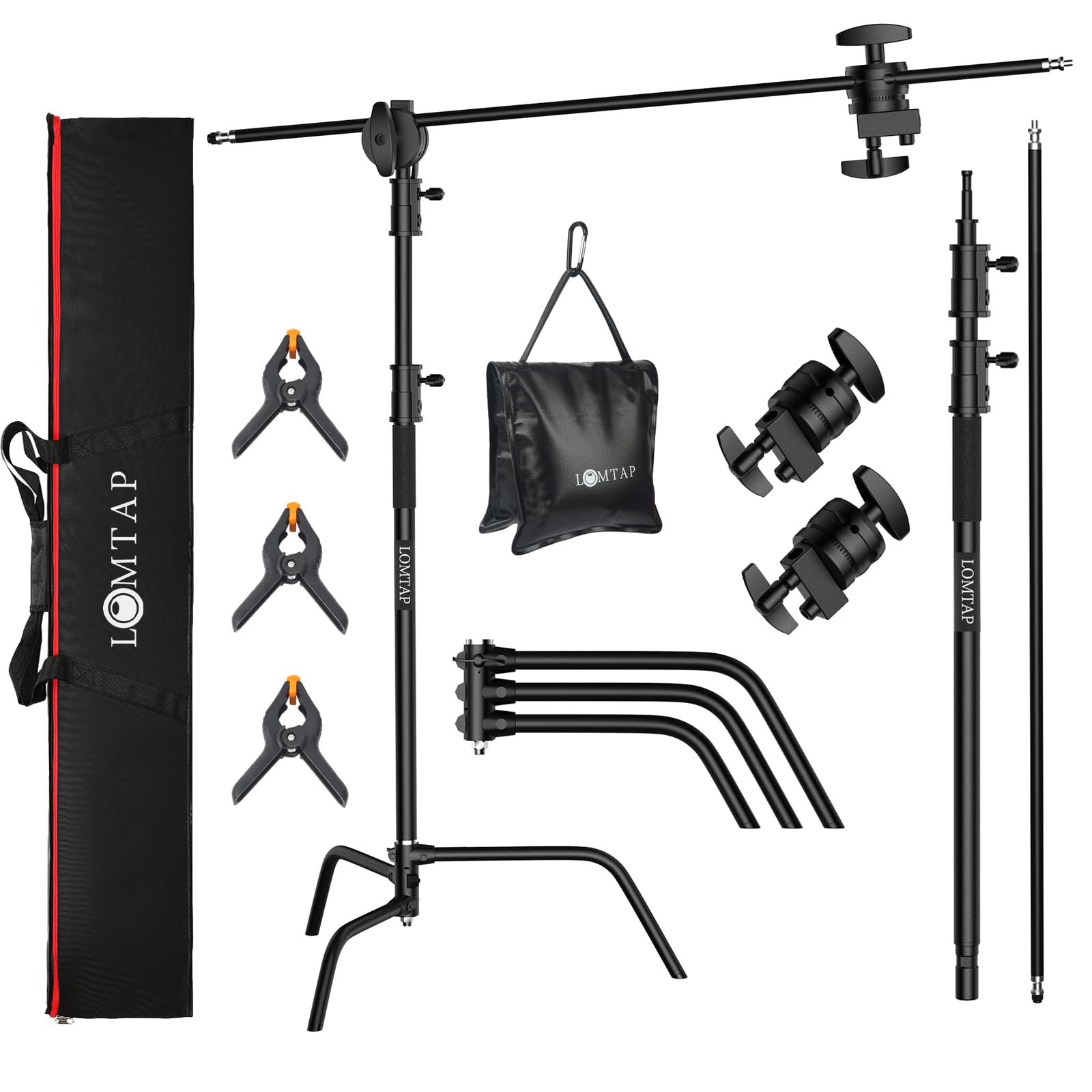 LOMTAP Heavy Duty 10.8ft C Stand with Boom Arm - Professional Stainless Steel Photography Light Stand Kit (330cm Vertical Pole, 128cm Boom Arm, Adjustable Base, Sandbag, 2 Grip Heads, 3 Clips) for Studio, Video, Photography, Softbox & Reflector Setup