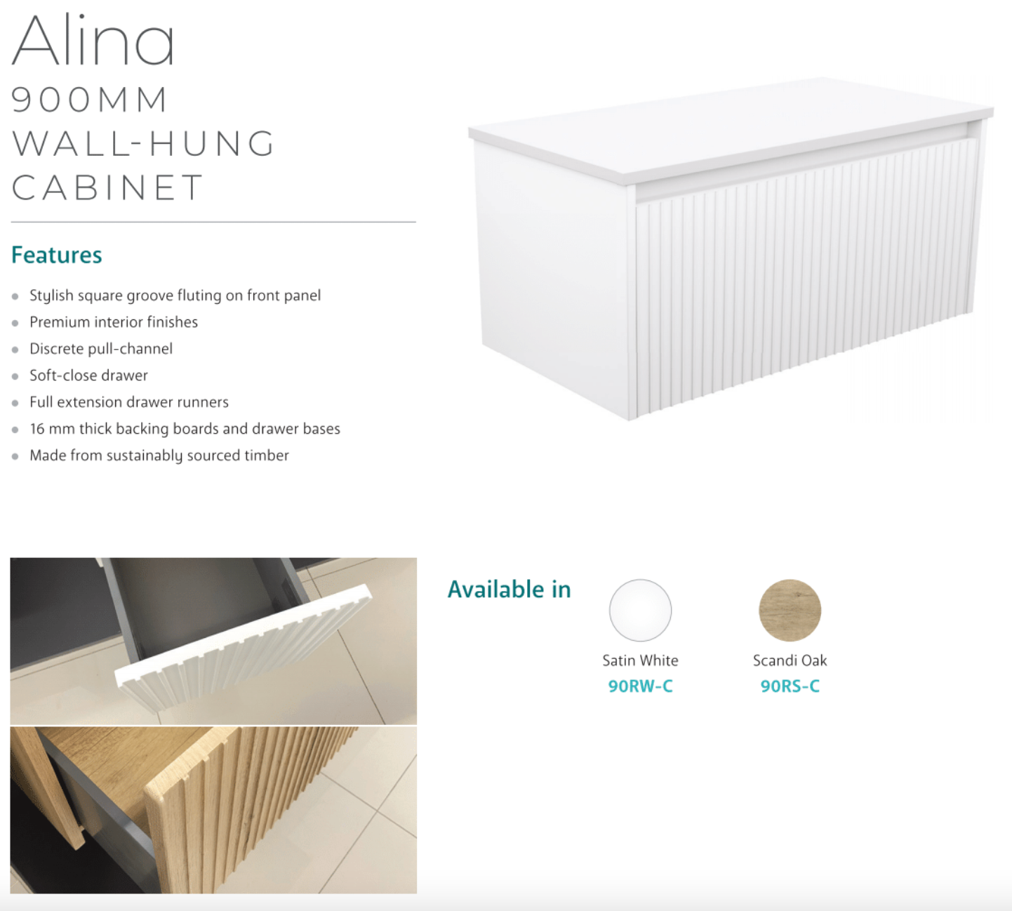 Fienza 90RW C Alina Fluted White 900 Wall Hung Bathroom Vanity Cabinet - Modern Floating Storage for Small Bathrooms & Powder Rooms (Cabinet Only, No Top Included)