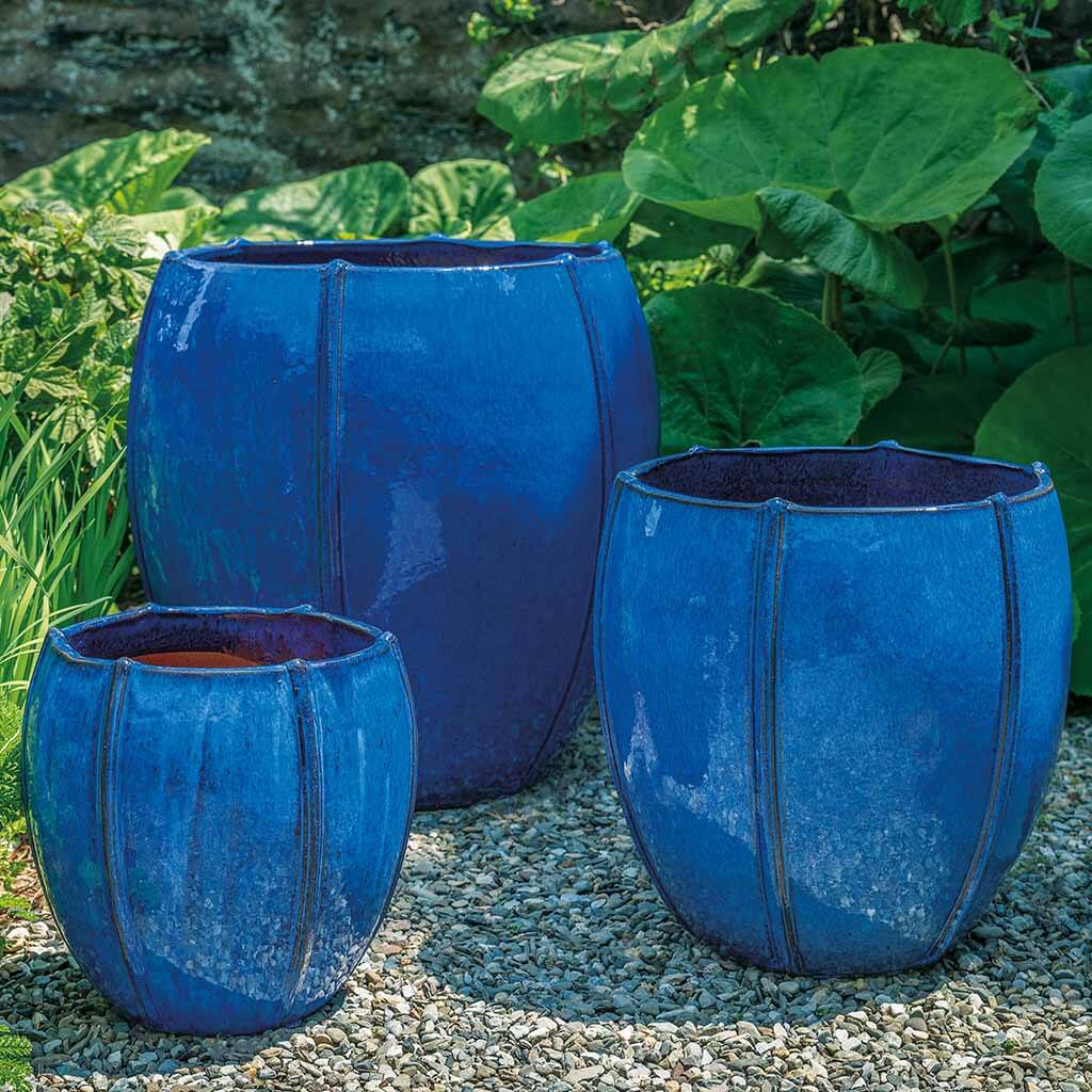 Campania International Rib Vault Planter Set of 3 - Riviera Blue Ceramic Flower Pots for Indoor/Outdoor Garden Decor, Patio, Balcony & Home Décor