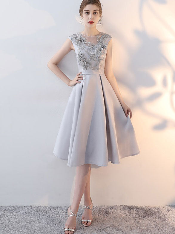 Elegant Gray Blue Fit & Flare Party Dress with Applique Embroidery - Perfect for Weddings, Cocktail Parties & Special Occasions