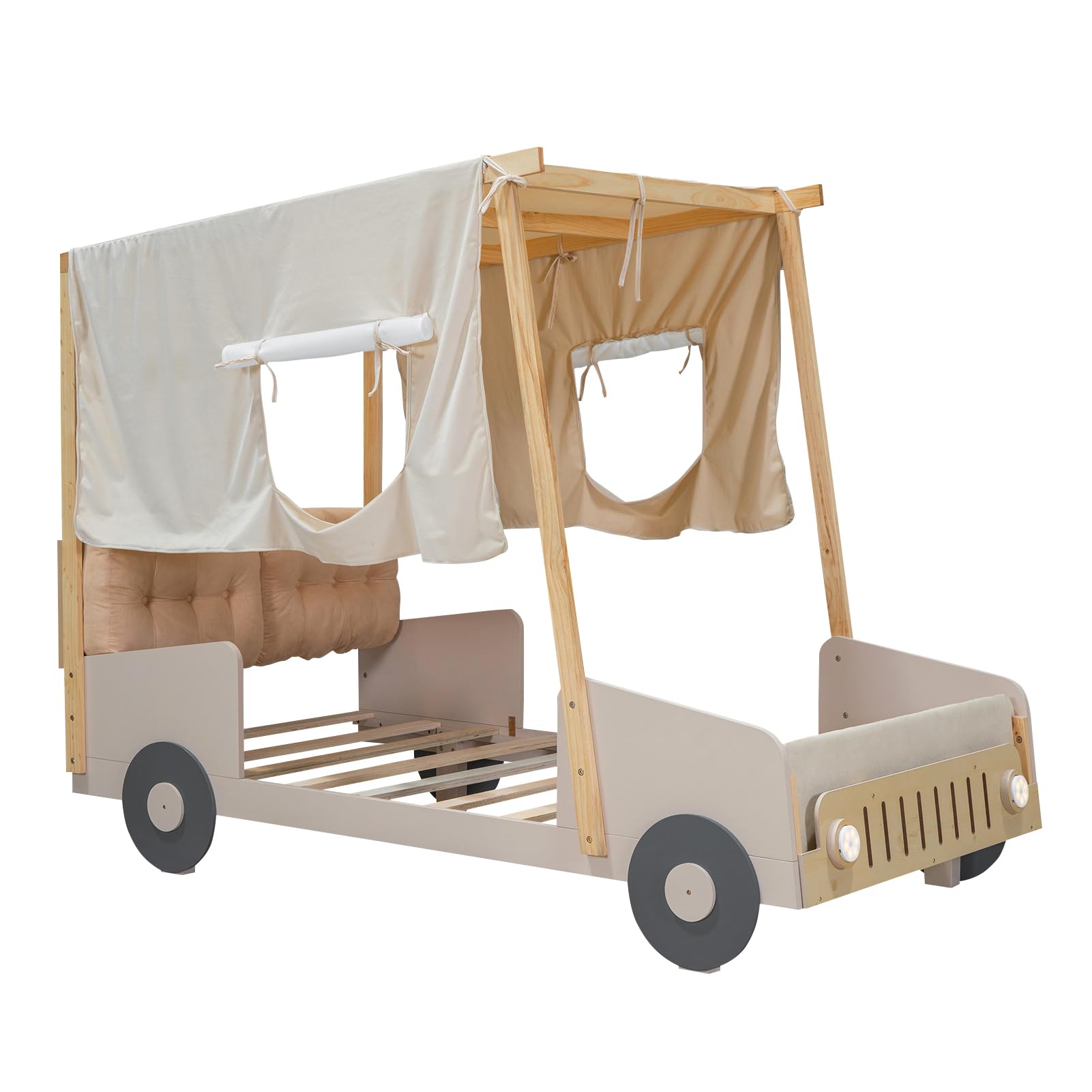 Twin Size Kids Car Bed with LED Lights & Headboard - Toddler Floor Bed Tent for Boys & Girls - Natural Wood Design - Perfect for Playrooms, Bedrooms & Sleepovers