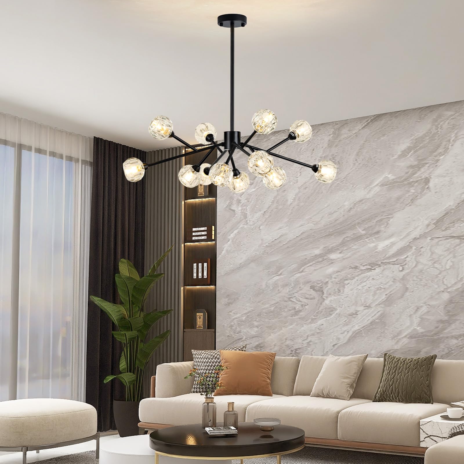 Modern Black Crystal Chandelier - 12-Light Sputnik Lighting Fixture for Dining Room, Living Room, Bedroom, Kitchen Island & Bar - Elegant Ceiling Light for Home Decor & Dinner Parties