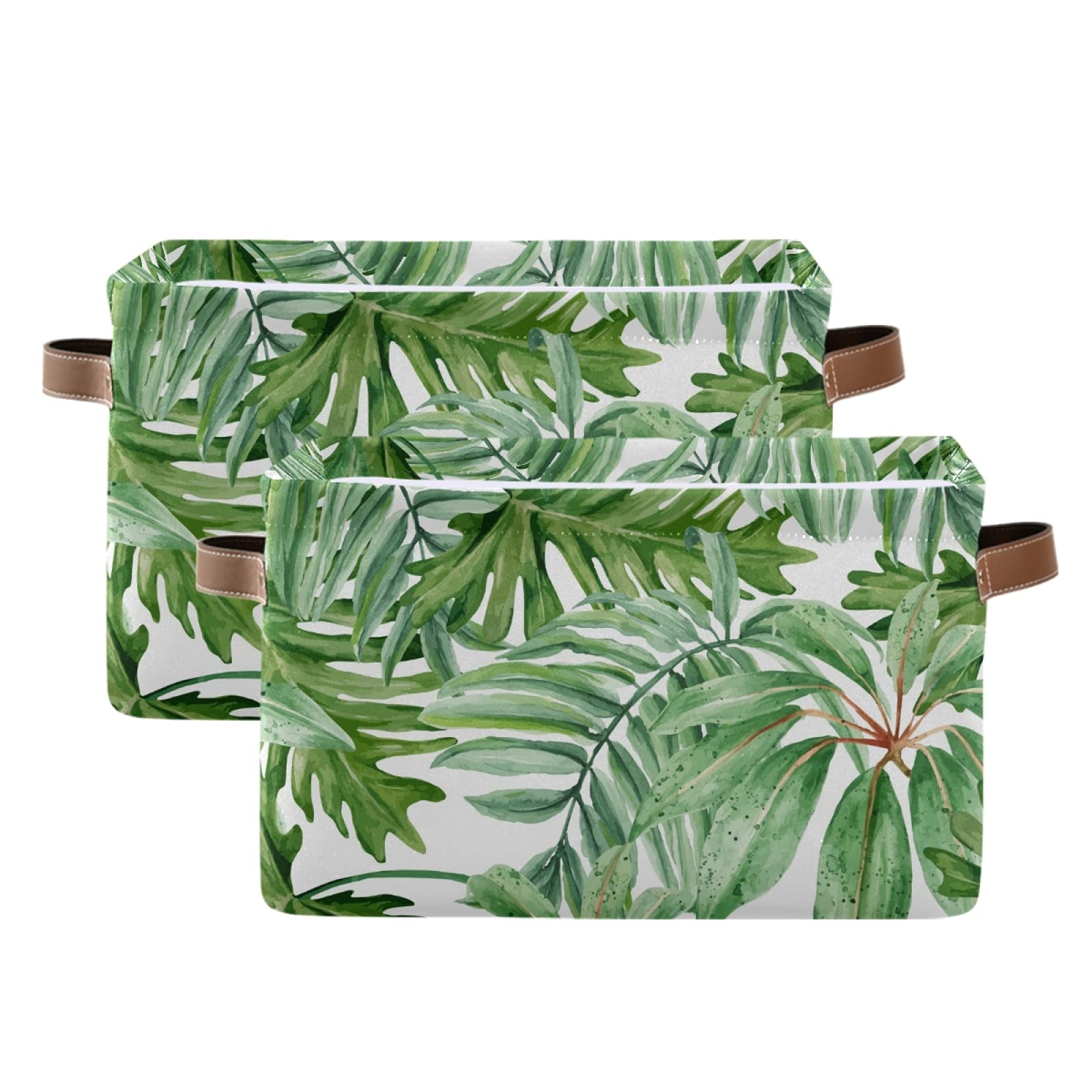 Susiyo Large Foldable Storage Bin - Green Tropical Leaves Fabric Collapsible Basket with PU Handles | Decorative Organizing Bin for Shelves, Closet, Bedroom & Living Room | Perfect for Home Organization, Laundry Storage & Toy Collection (1-Pack)