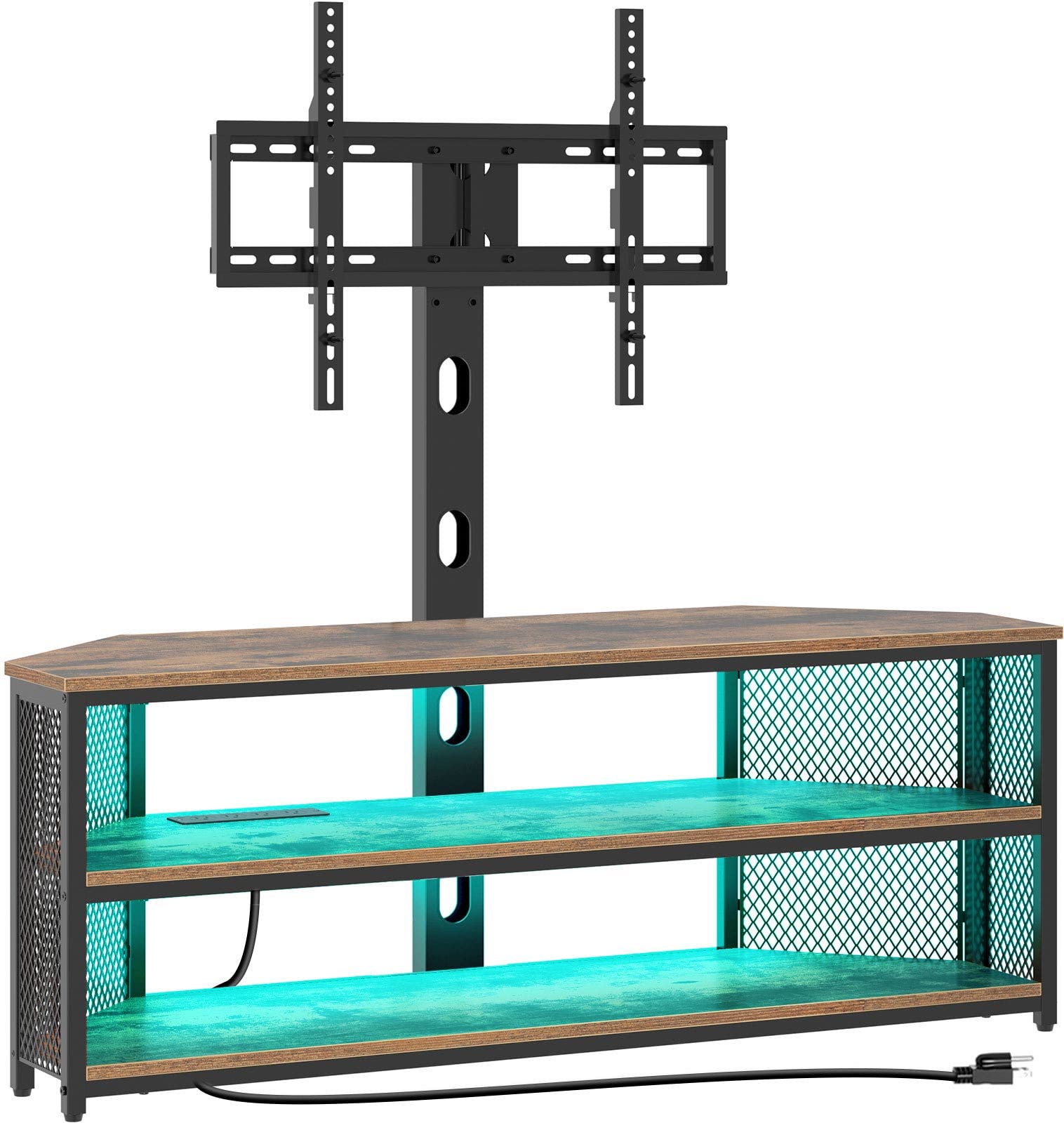 Rolanstar Rustic Brown TV Stand with Mount - Adjustable Height Swivel TV Stand for 32-70 Inch TVs, Built-in Power Outlet & LED Lights - Entertainment Center & Media Console for Living Room, Bedroom, Home Theater