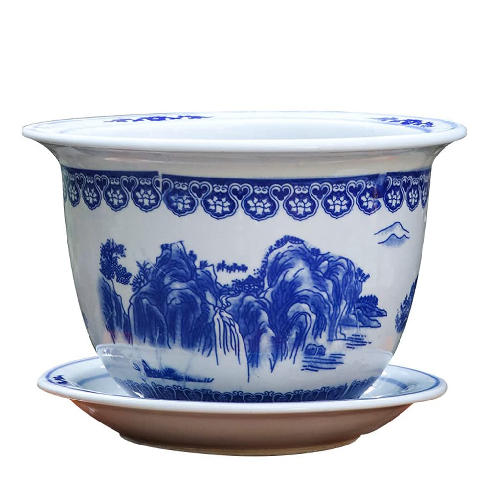 Blue and White Porcelain Ceramic Planter with Saucer - Chinese Style Flower Pot for Indoor & Outdoor Plants | Home Decor, Garden Decor, Office Decor