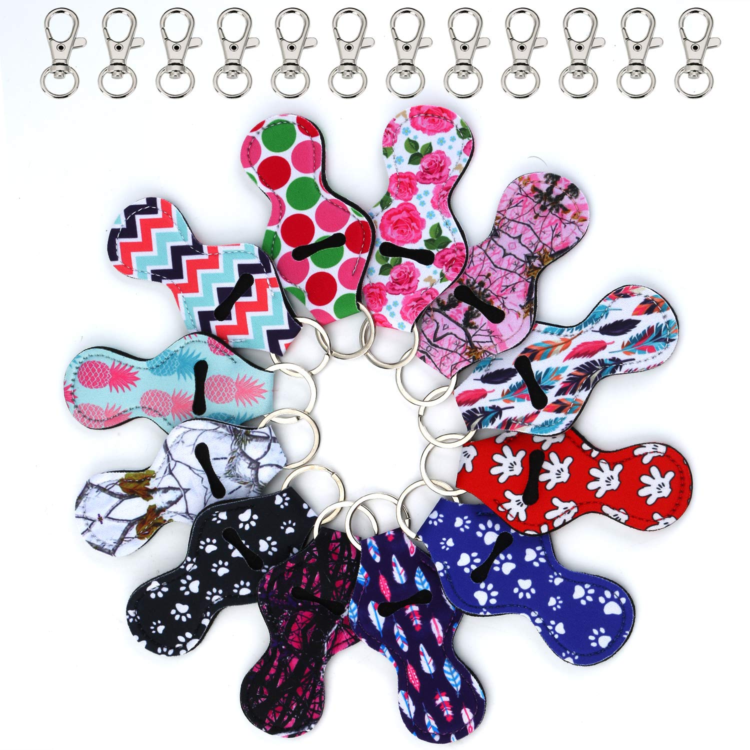 12 Pack Chapstick Holder Keychain with 12 Keyring Clips - Neoprene Lip Balm Cover for EOS, Burt's Bees - Perfect for Backpacks, Purses & Gym Bags