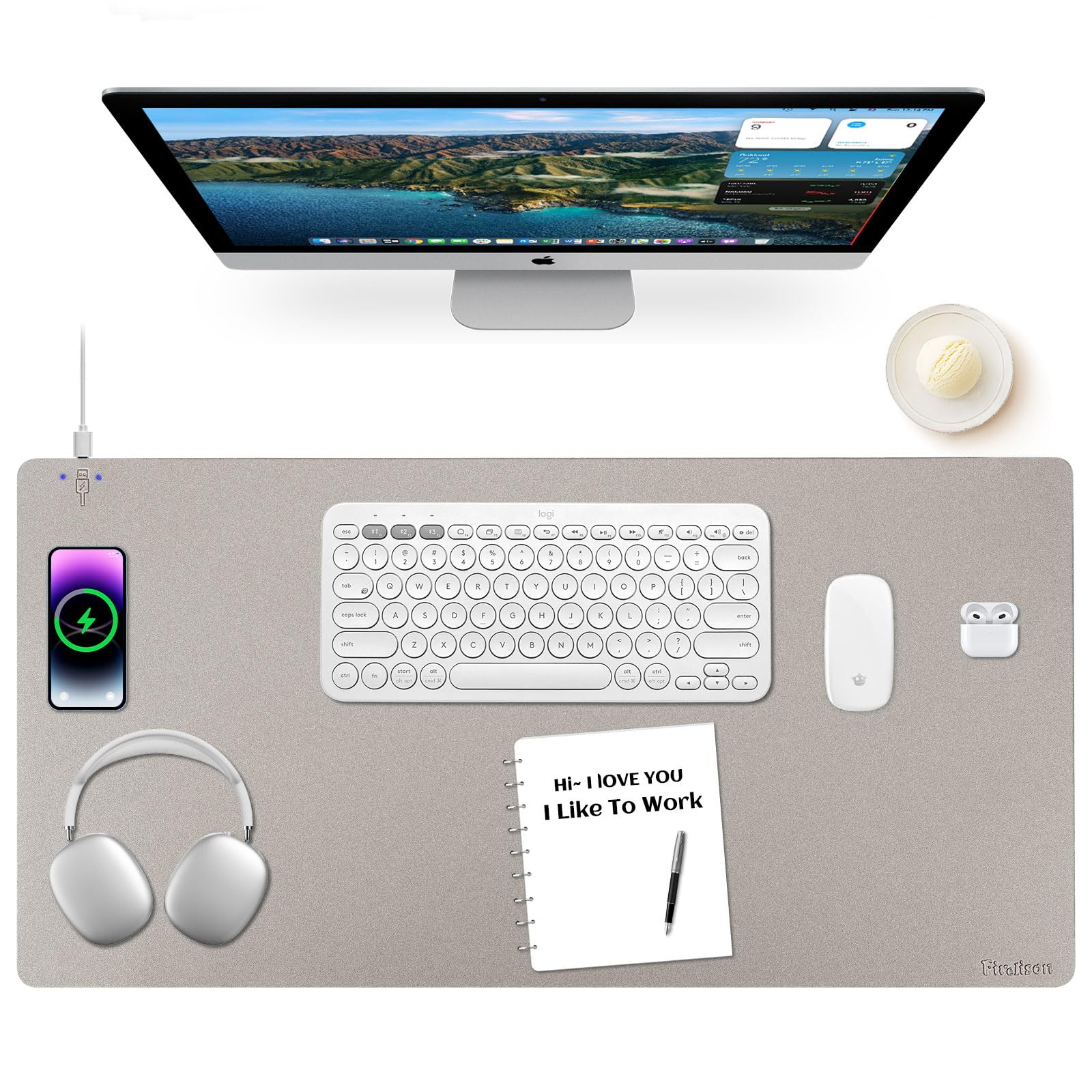 Firelison 2-in-1 Wireless Charging Mouse Pad - Leather Desk Mat with Non-Slip Rubber Base, Waterproof Office Desk Pad for Computer, Work & Home Decor (32