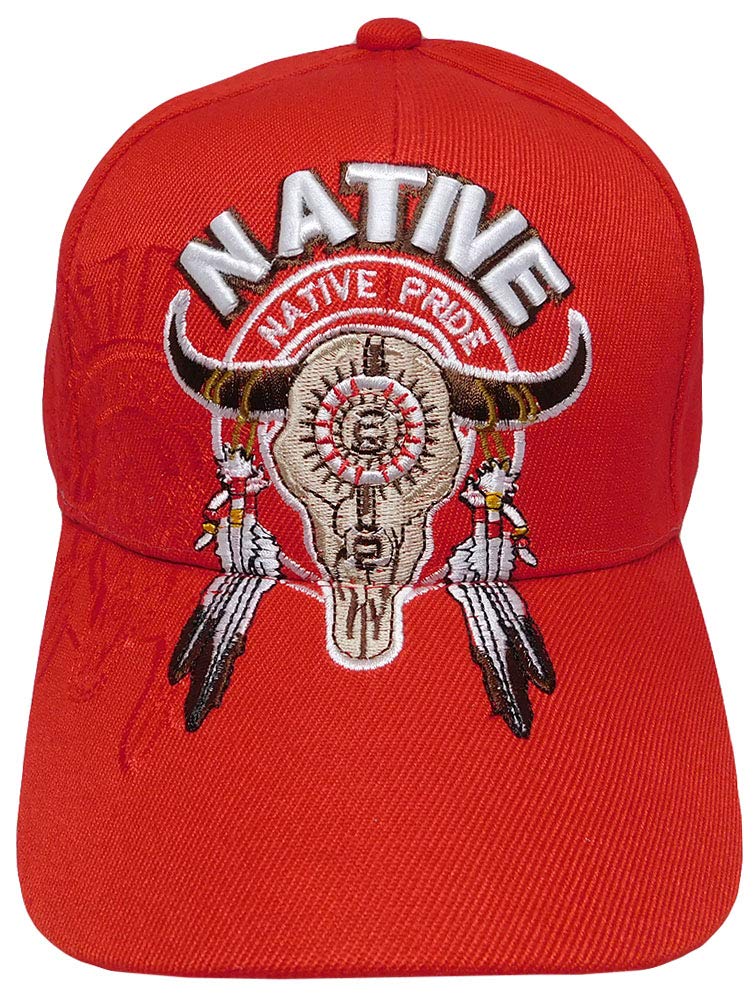 Native Pride Indian Buffalo Skull Dreamcatcher Adjustable Cap - Red Embroidered Polyester Hat for Men & Women | Perfect for Festivals, Powwows & Western Fashion