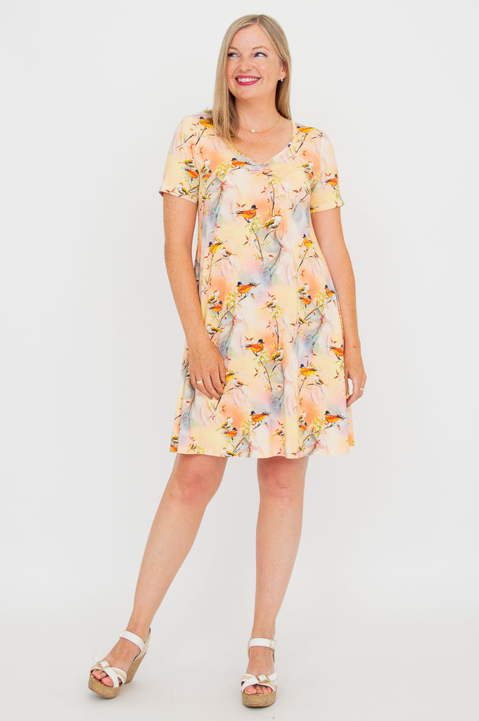 Lanai Short Sleeve Summer Dress - Songbird Print Bamboo Fabric for Beach Vacation & Casual Outings