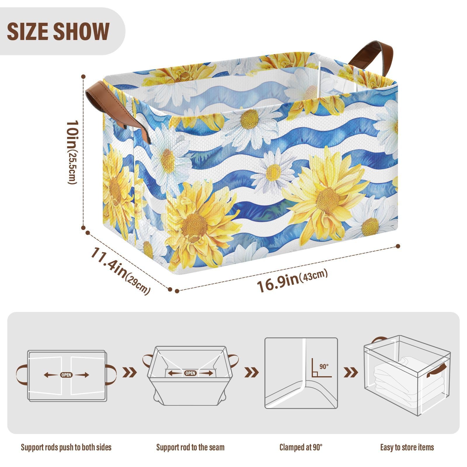 Foldable Storage Bins with Handles - 2 Pack Yellow & White Daisy Flower Pattern Shelves Cubes Baskets (16.9