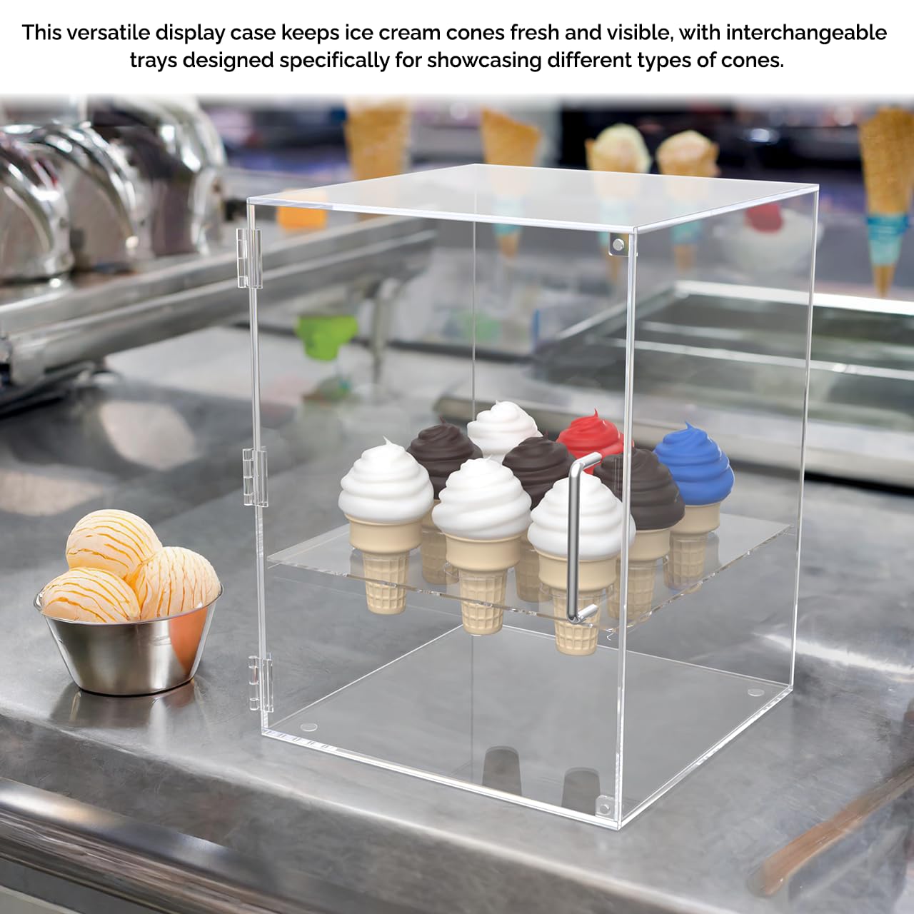 Clear Acrylic Enclosed Ice Cream Cone Display Cabinet - 9 Hole Storage for Sugar/Waffle Cones with Silver Handle & Door Closure - Perfect for Ice Cream Shops, Bakeries & Dessert Displays