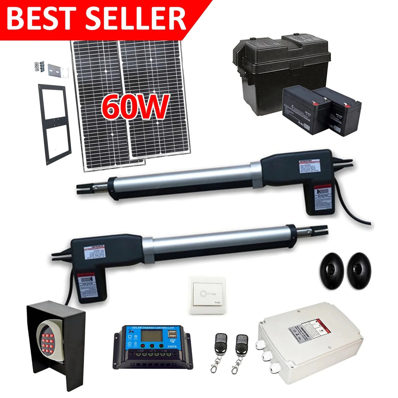 Aleko AS1200 Dual Swing Gate Operator with 60W Solar Kit - Heavy Duty AC/DC Automatic Driveway Gate Opener for Home Security & Farm Access